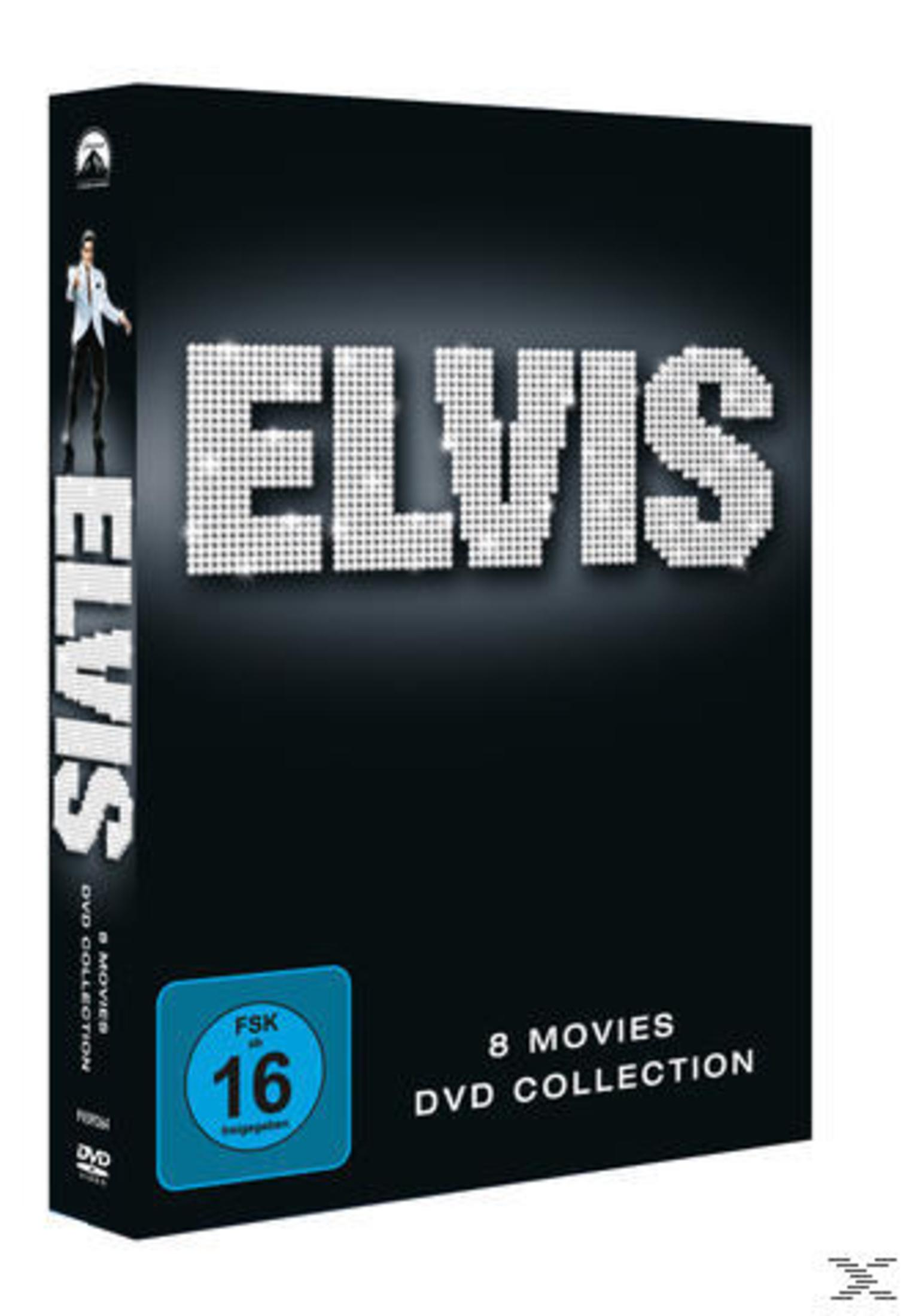 Schwarze Elvis 8-Filme-DVD-Kollektion mit silbernem Glitzer-Schriftzug und FSK-16-Logo.