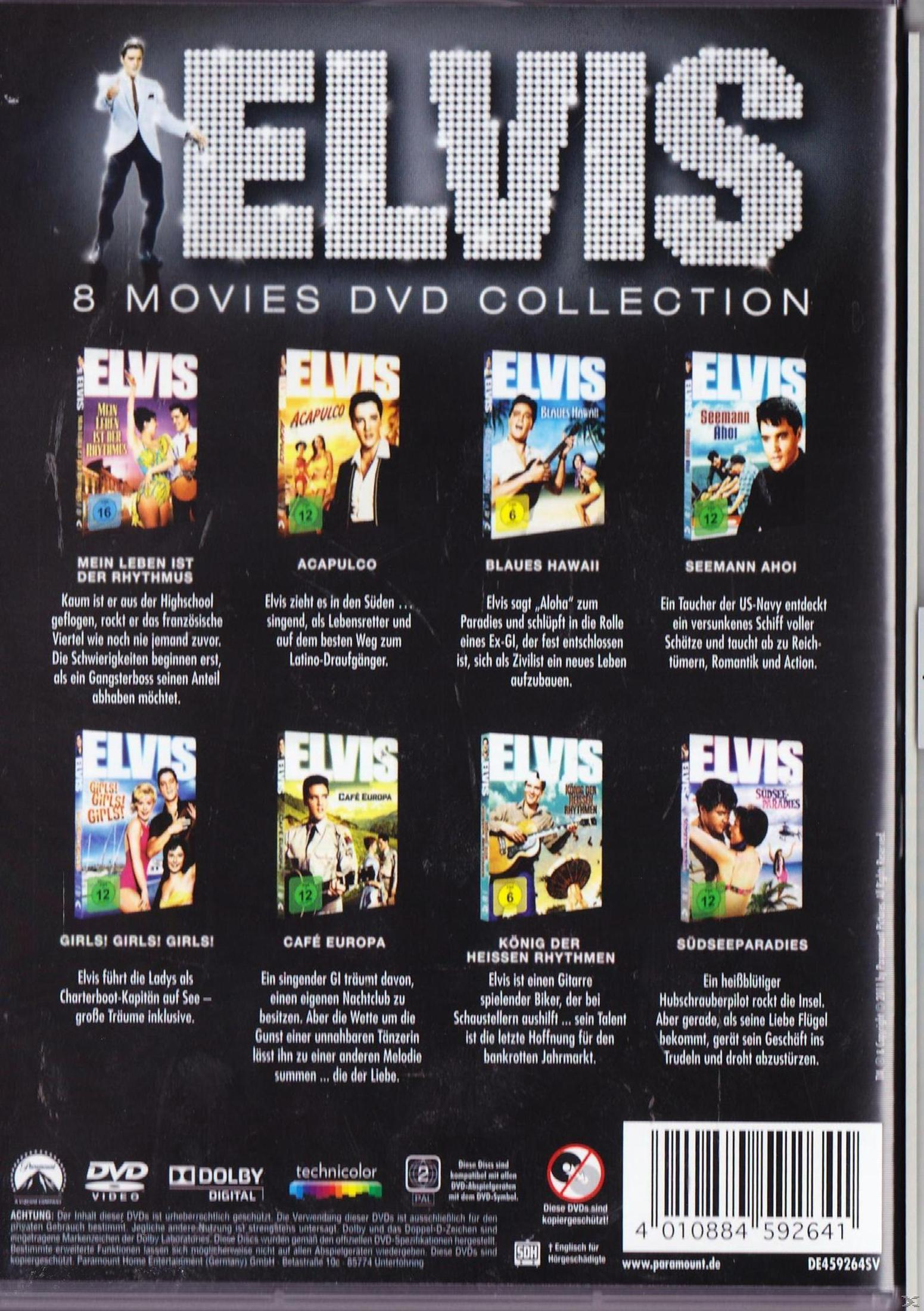 Rückseite einer Elvis 8-Film-DVD-Sammlung mit Filmcovern, Texten und Barcode auf schwarzem Hintergrund.