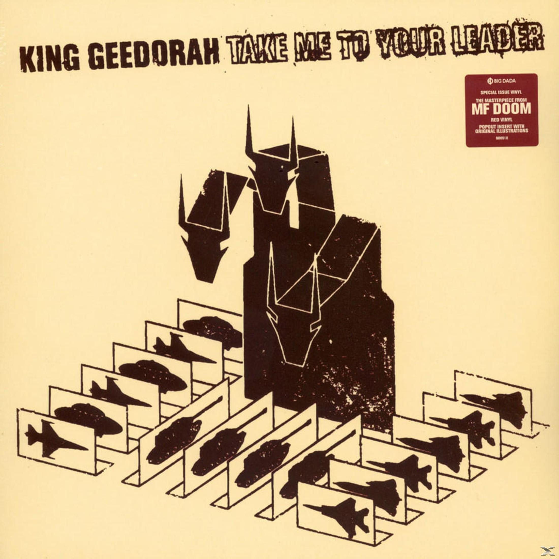 Albumhoes: Robotachtig figuur met tekst 'King Geedorah Take Me to Your Leader' met illustraties.