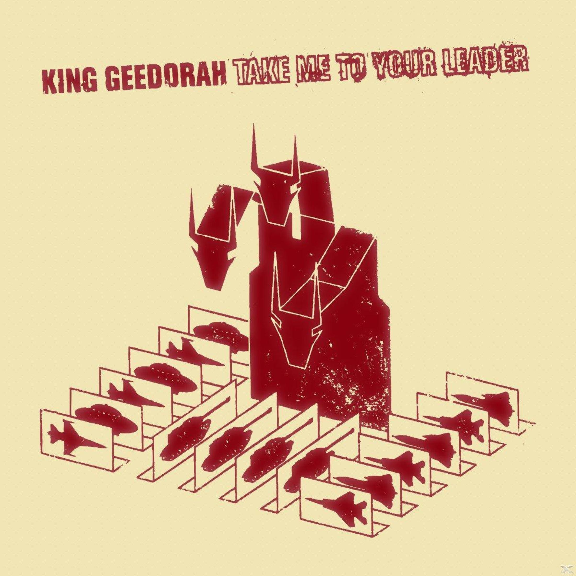 Albumhoes, rode abstracte afbeelding van drie hoofden en vliegtuigen, met tekst 'KING GEEDORAH'.