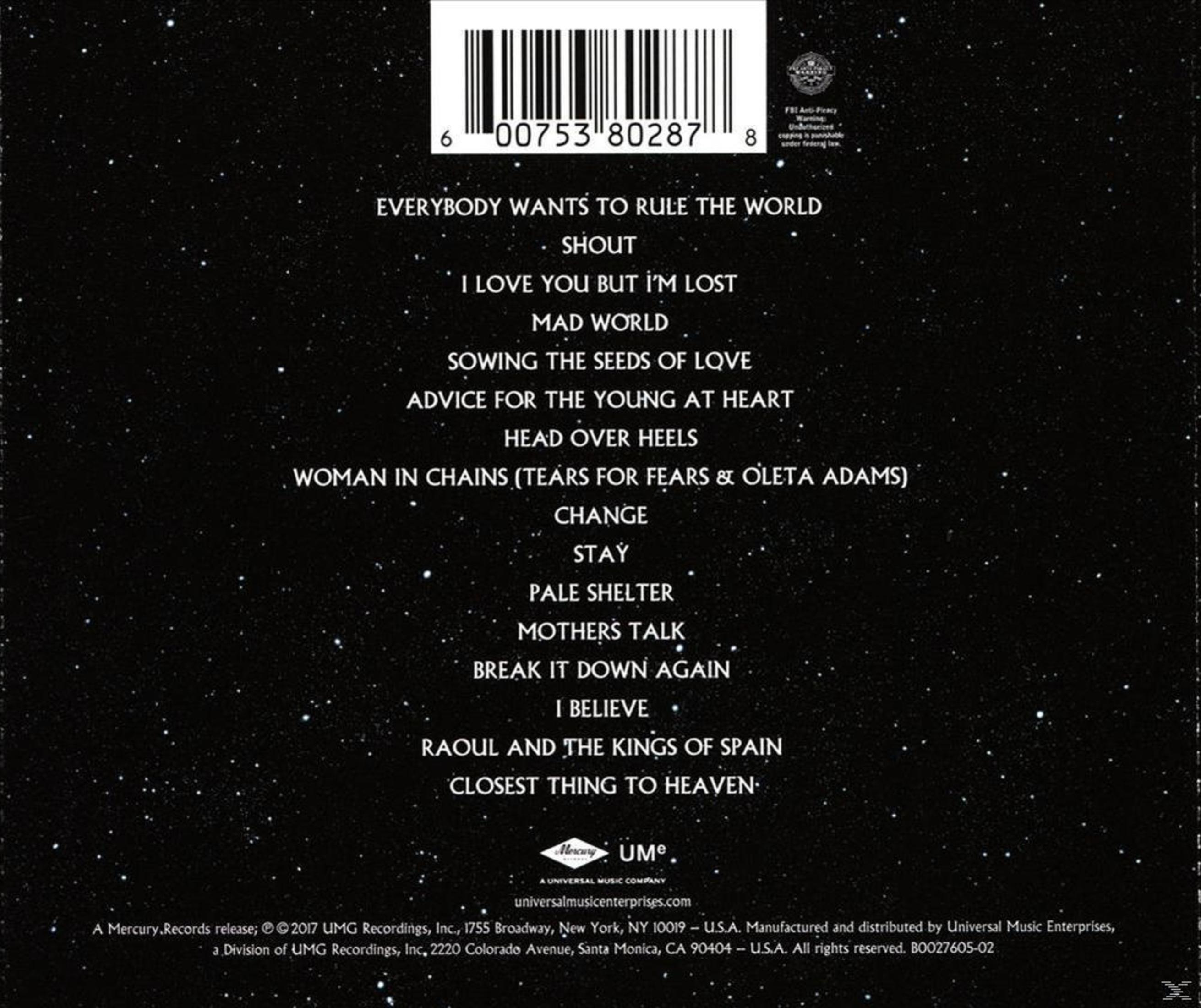 Achterkant van de cd met een lijst met songtitels in witte tekst op een zwarte en sterrenachtergrond.