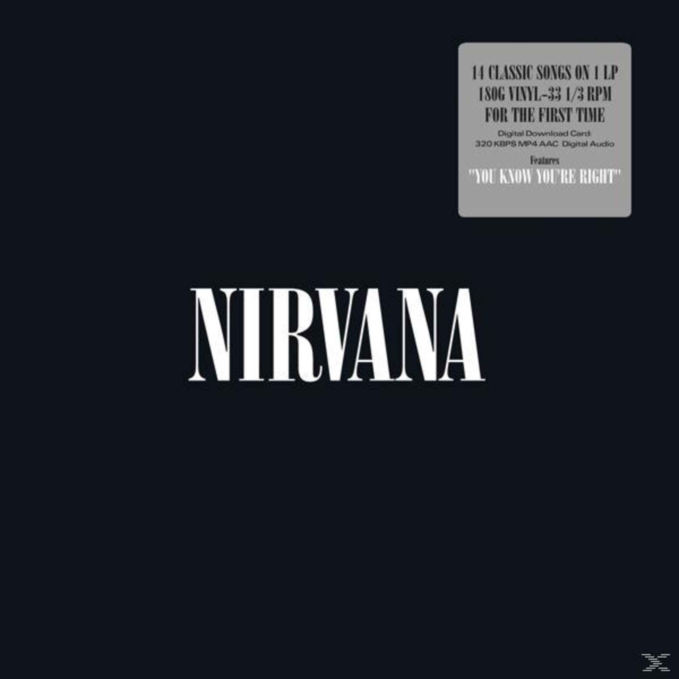 Copertina dell'album Nirvana con testo su sfondo nero e bordo bianco.