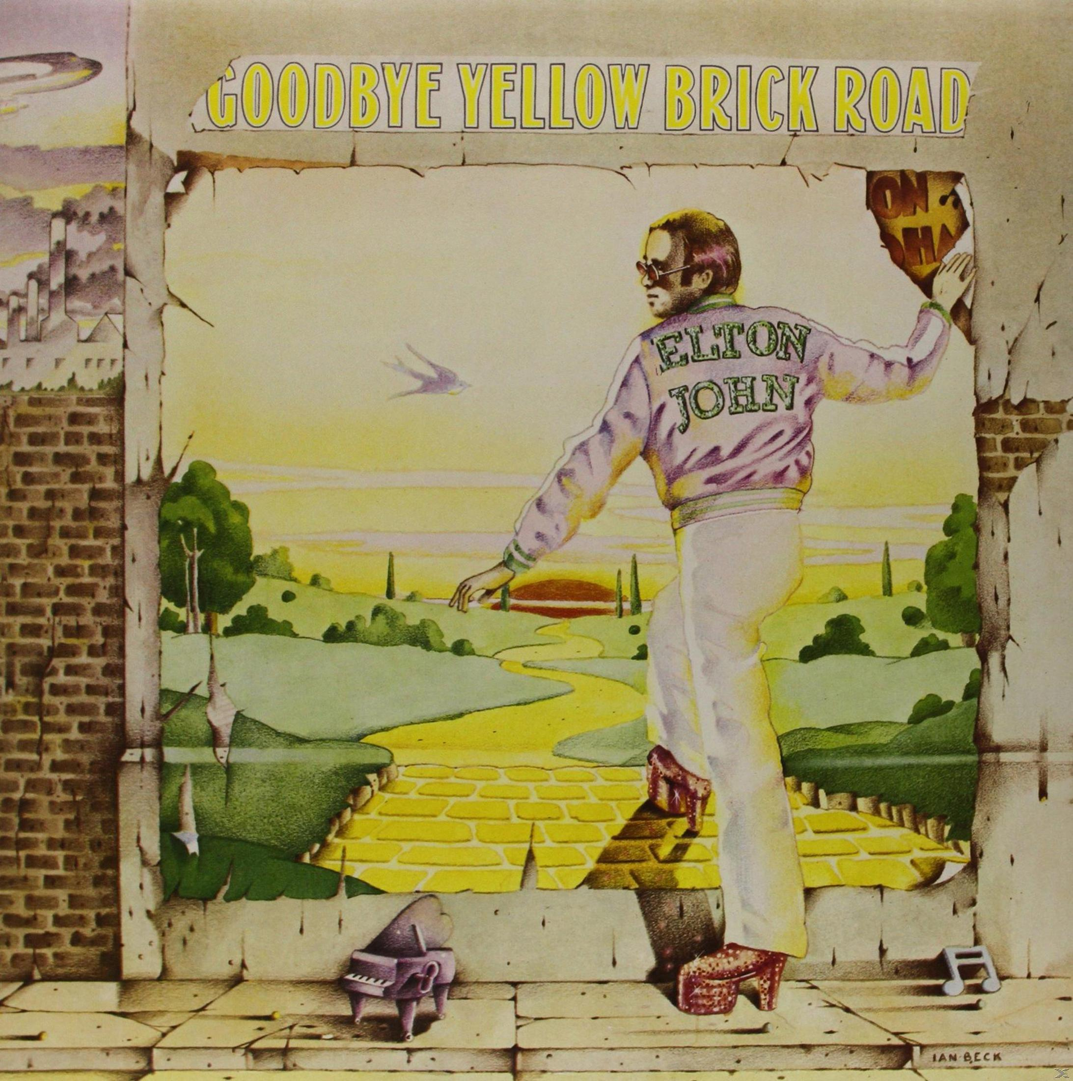 Pochette d'album, Elton John en veste rose, tenant une affiche déchirée, avec une route de briques.