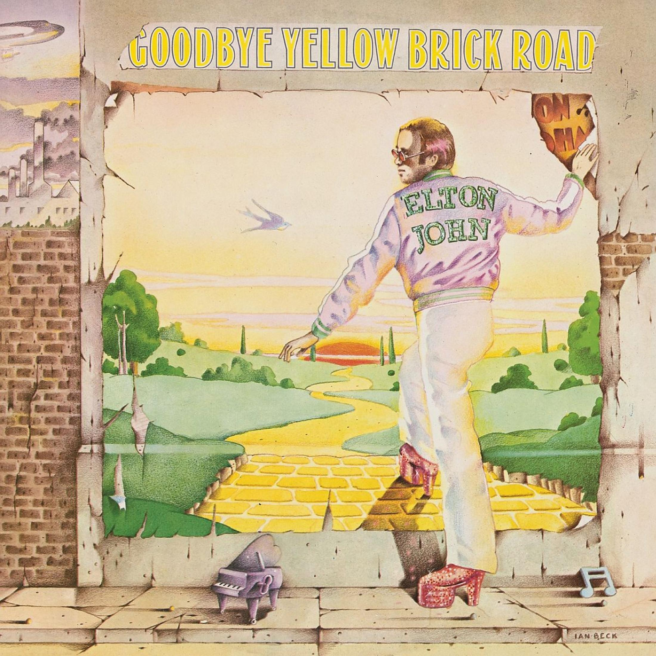 Pochette d'album : Elton John en veste rose, marchant à travers une scène peinte, mur de briques.