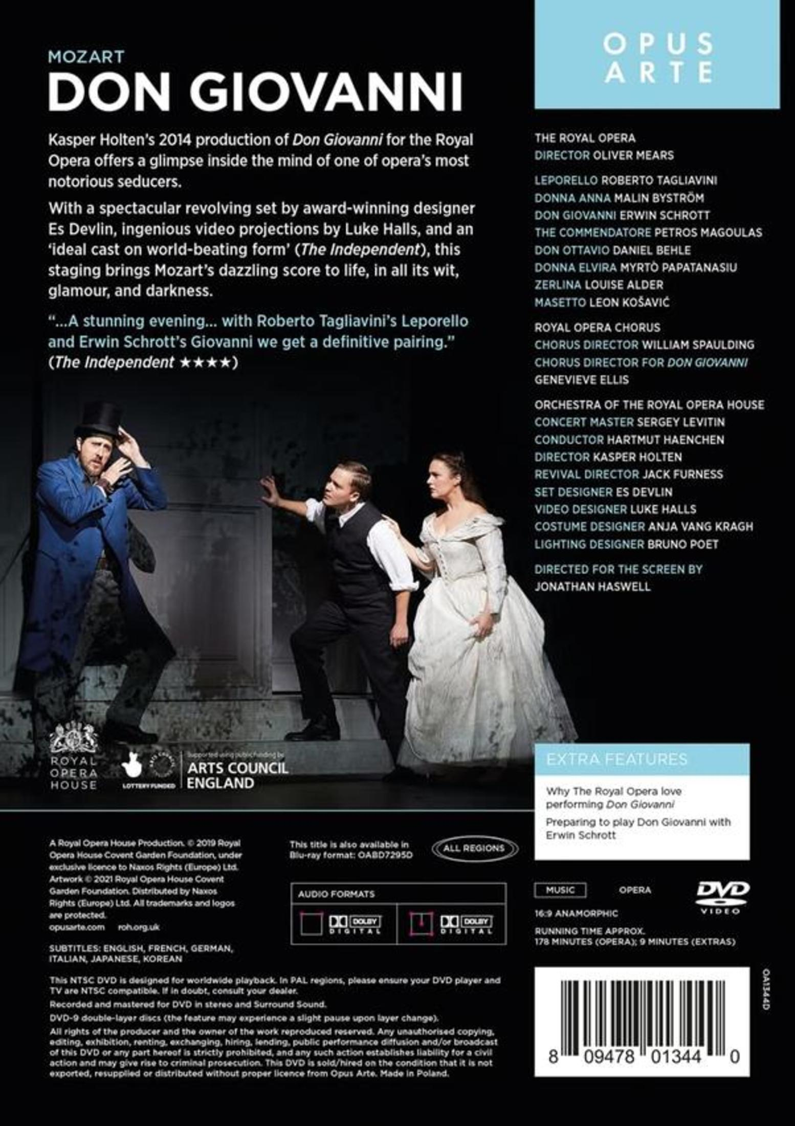 DVD-hoes: Don Giovanni, met acteurs op het podium. Tekst, credits en een donkere achtergrond.