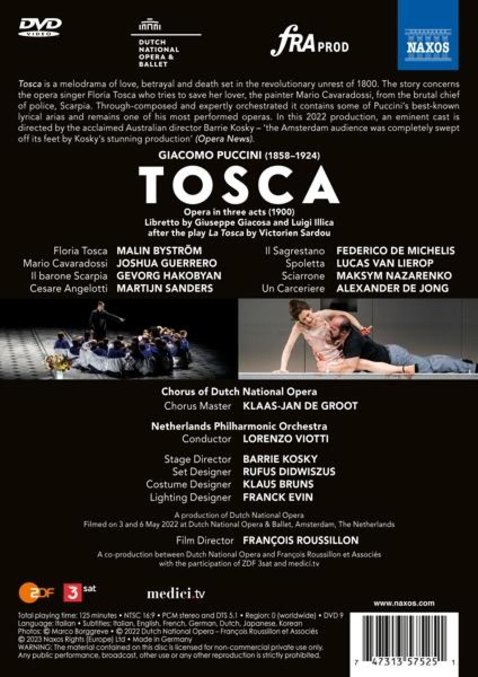 Portada de DVD de 'Tosca' de Giacomo Puccini, con imágenes y texto. 'Dutch National Opera'.