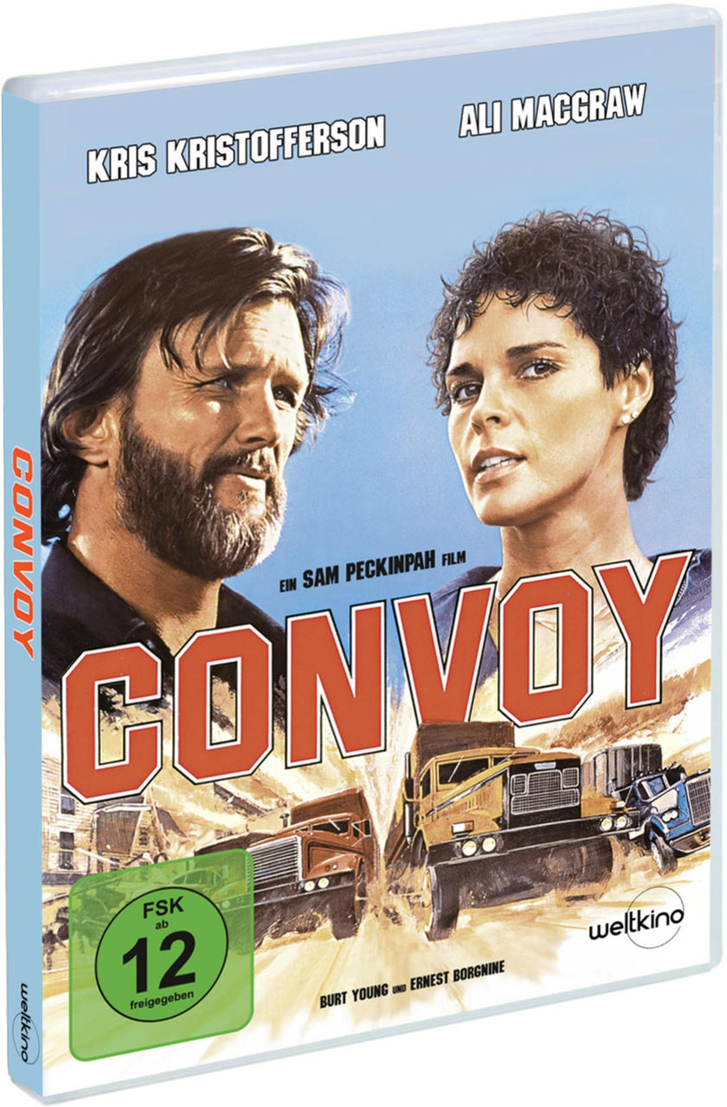 DVD-Cover des Films Convoy mit Kris Kristofferson und Ali MacGraw vor LKWs.