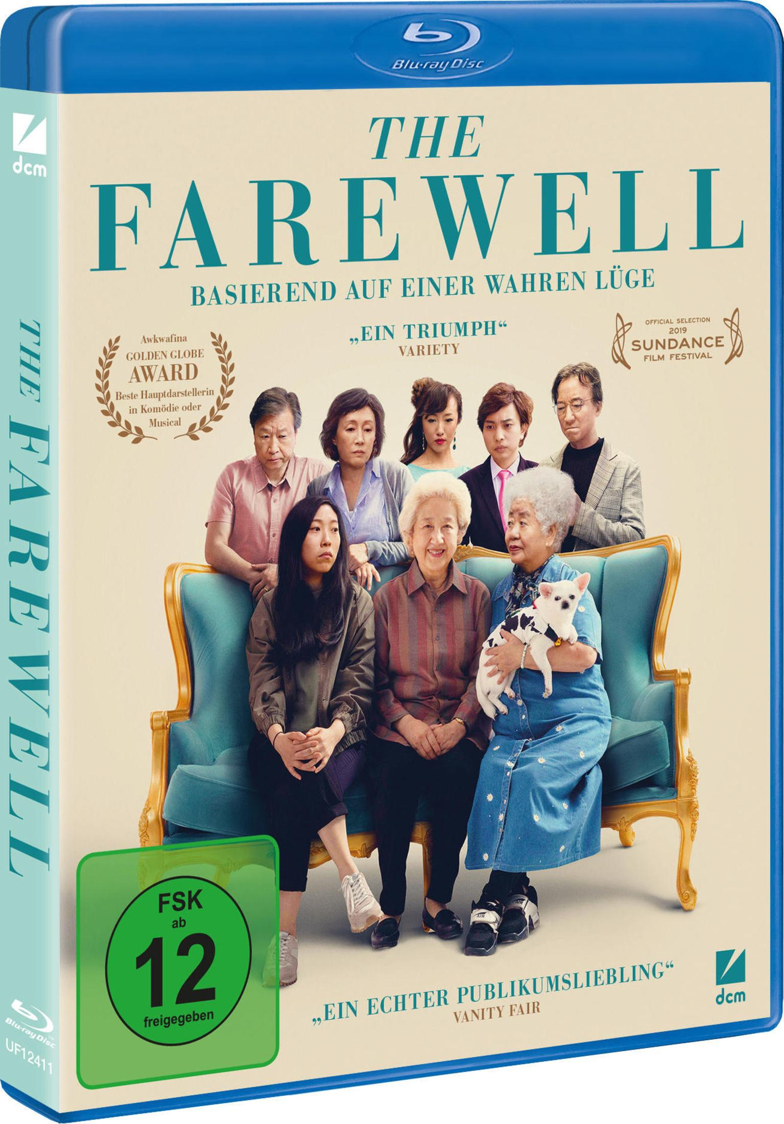 Blu-Ray-Hülle des Films The Farewell mit einer asiatischen Familie und einem kleinen Hund auf einem blauen Sofa.