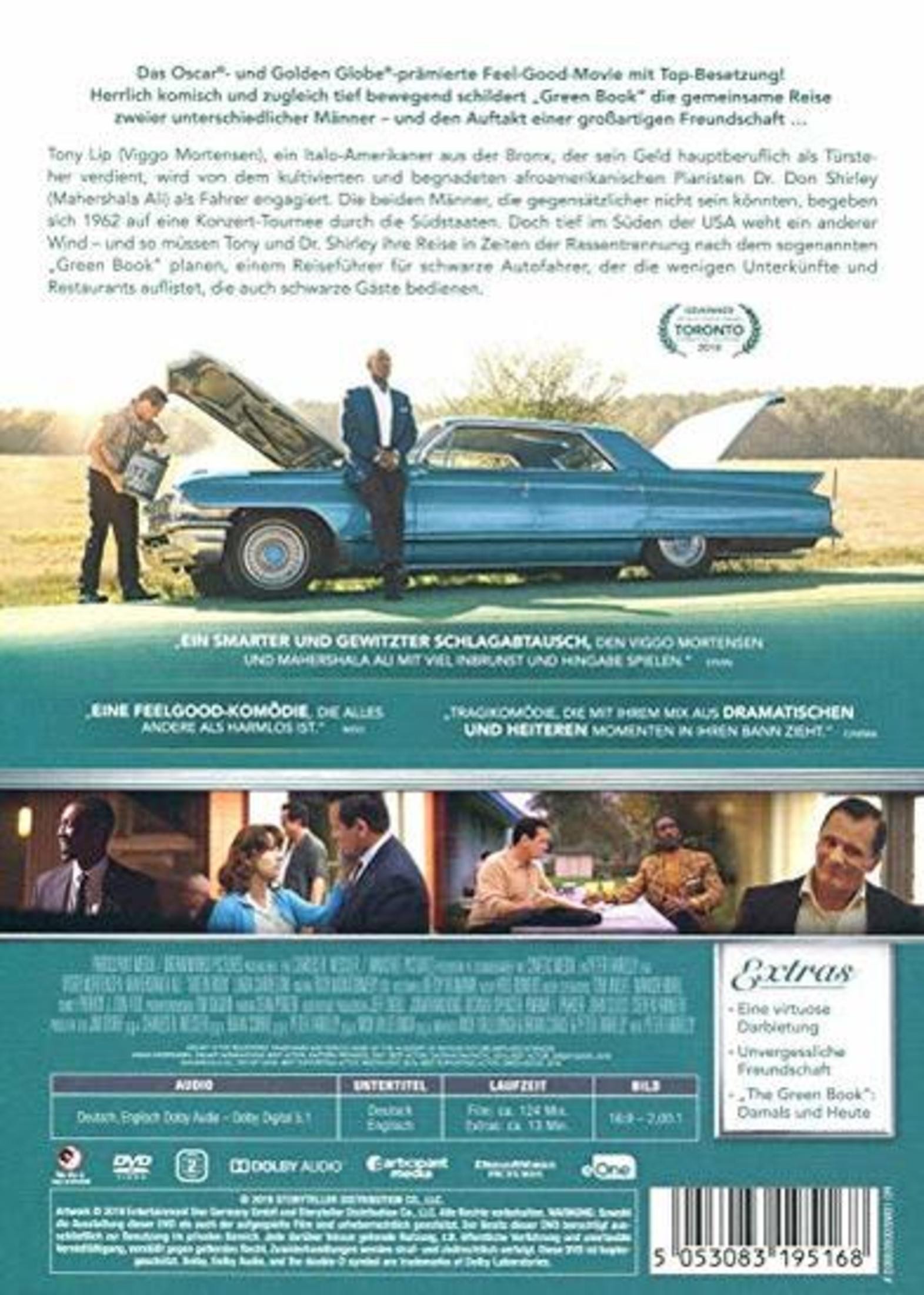 DVD-Rückseite des Films Green Book mit zwei Männern an einem blauen Auto und Szenenbildern.