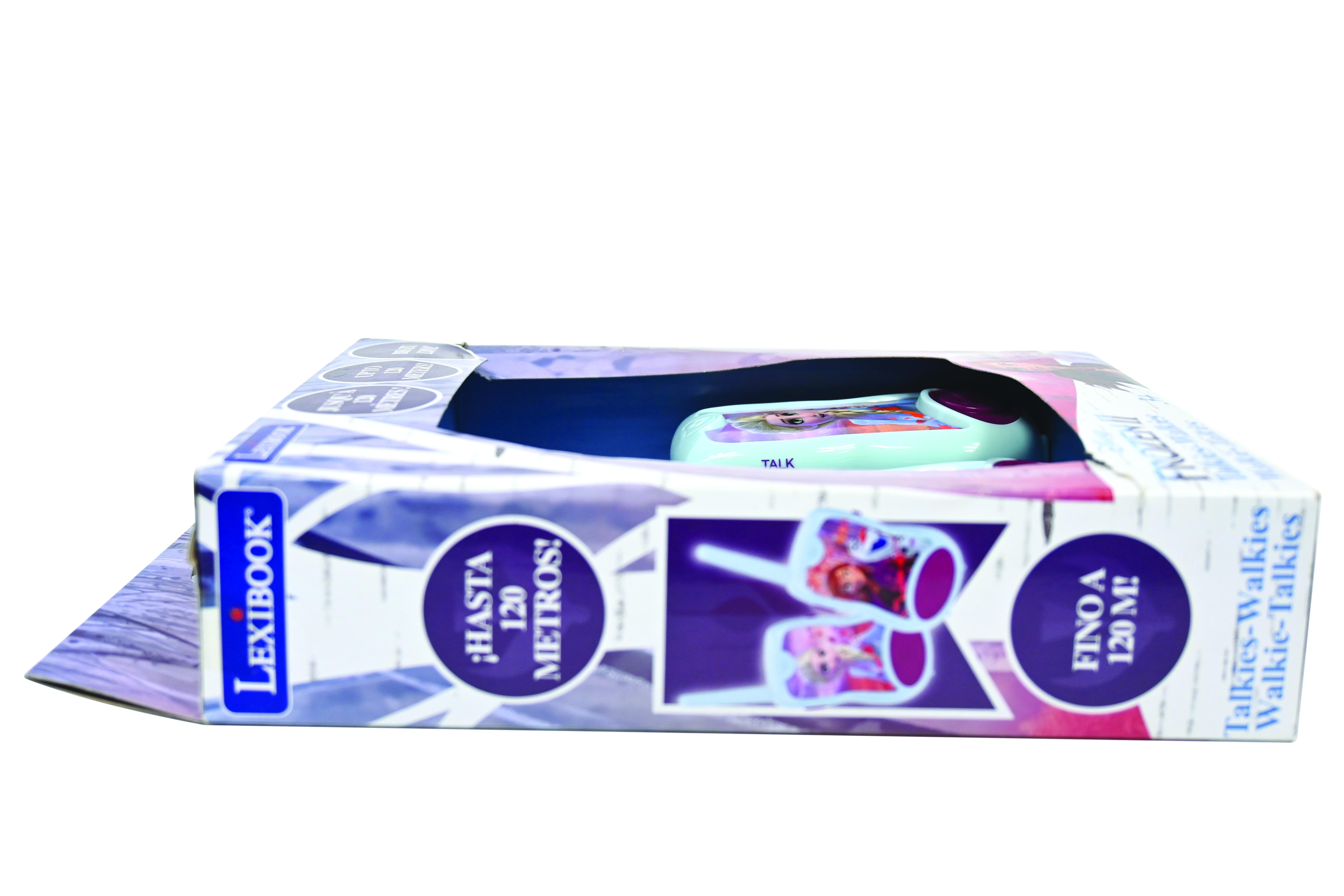 Pudełko na walkie-talkie z Krainy Lodu, z tekstem promującym zasięg 120 metrów.