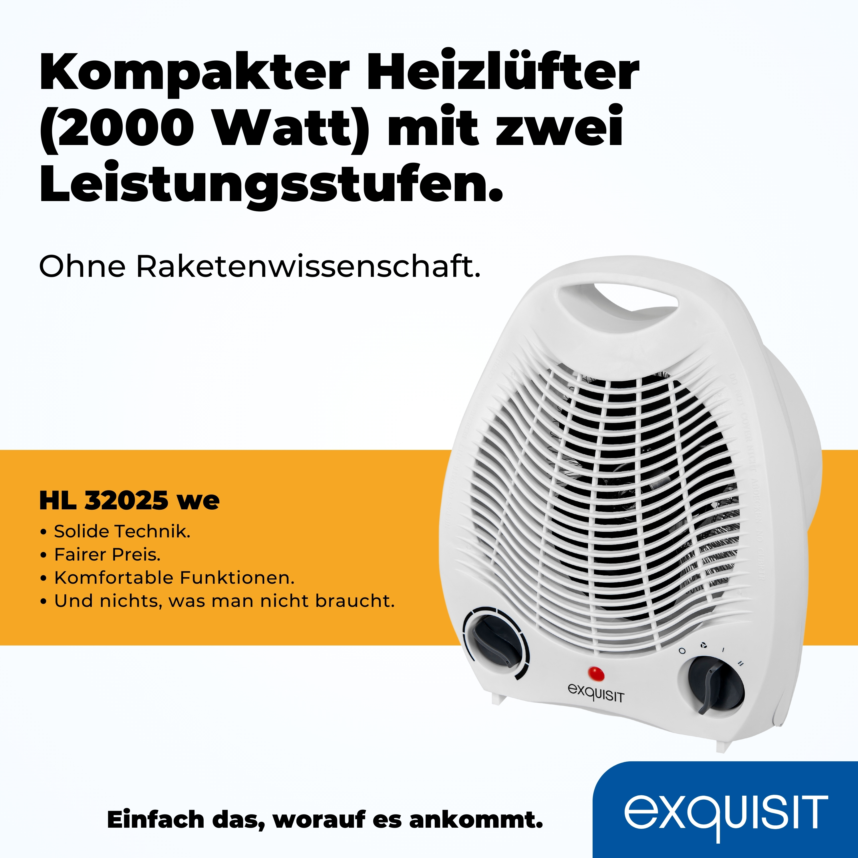 Ein weißer Exquisit-Elektroheizer mit Text. Enthält den Markennamen und Merkmale.