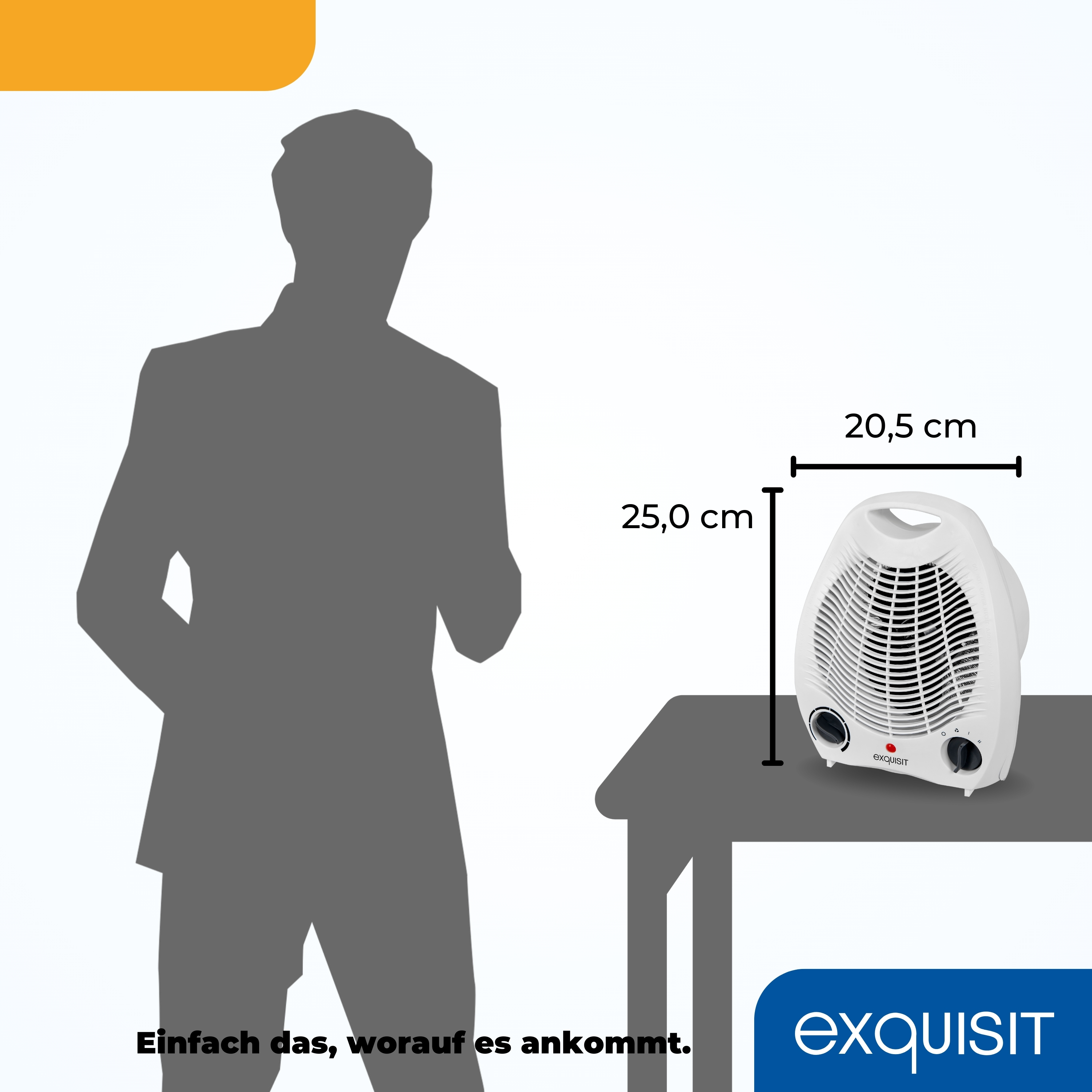 Eine Person neben einem weißen Heizgerät auf einem Tisch. Das Heizgerät hat einen runden Lüfter.