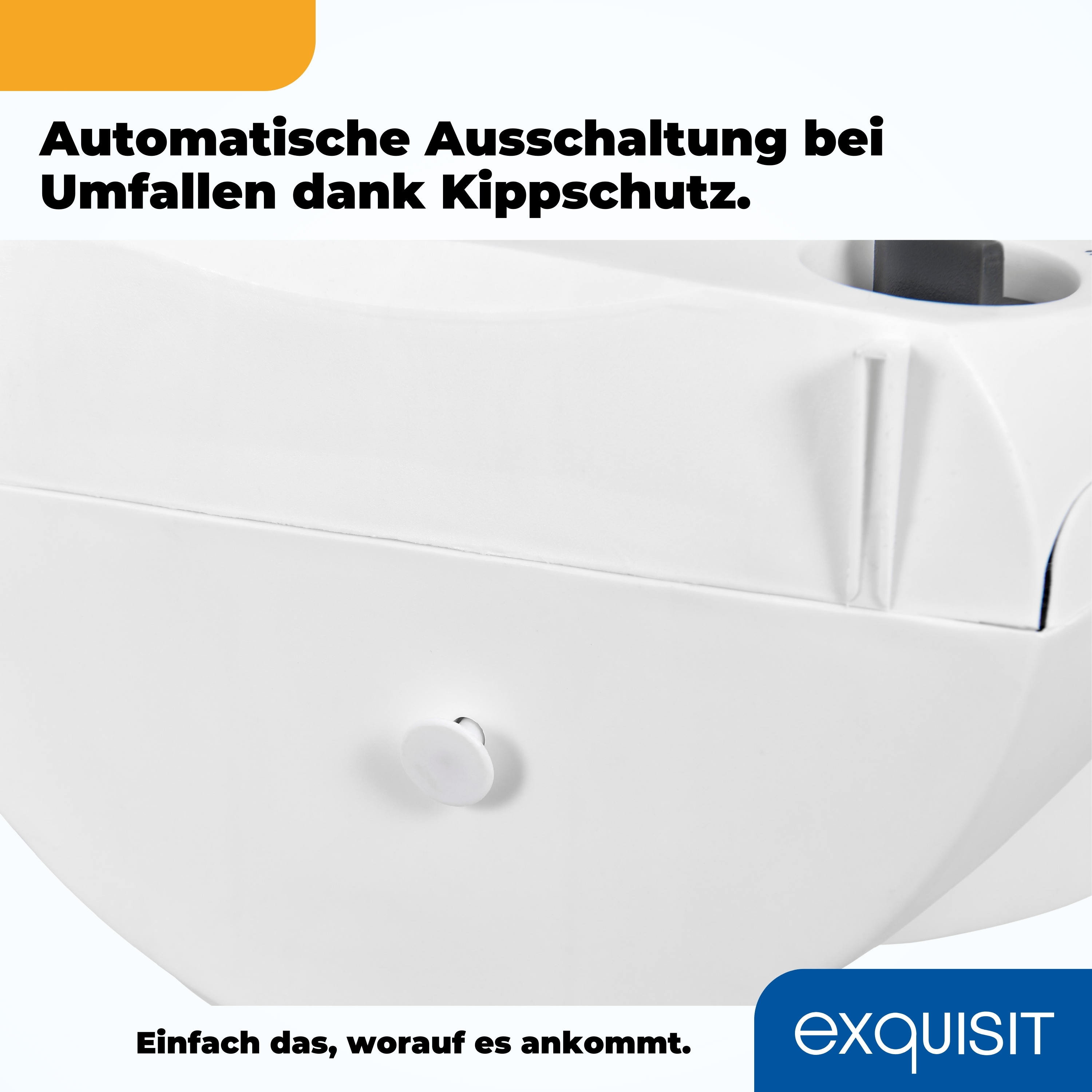 Weißes Gerätedetail mit deutschem Text: Automatische Abschaltung dank Kippschutz.