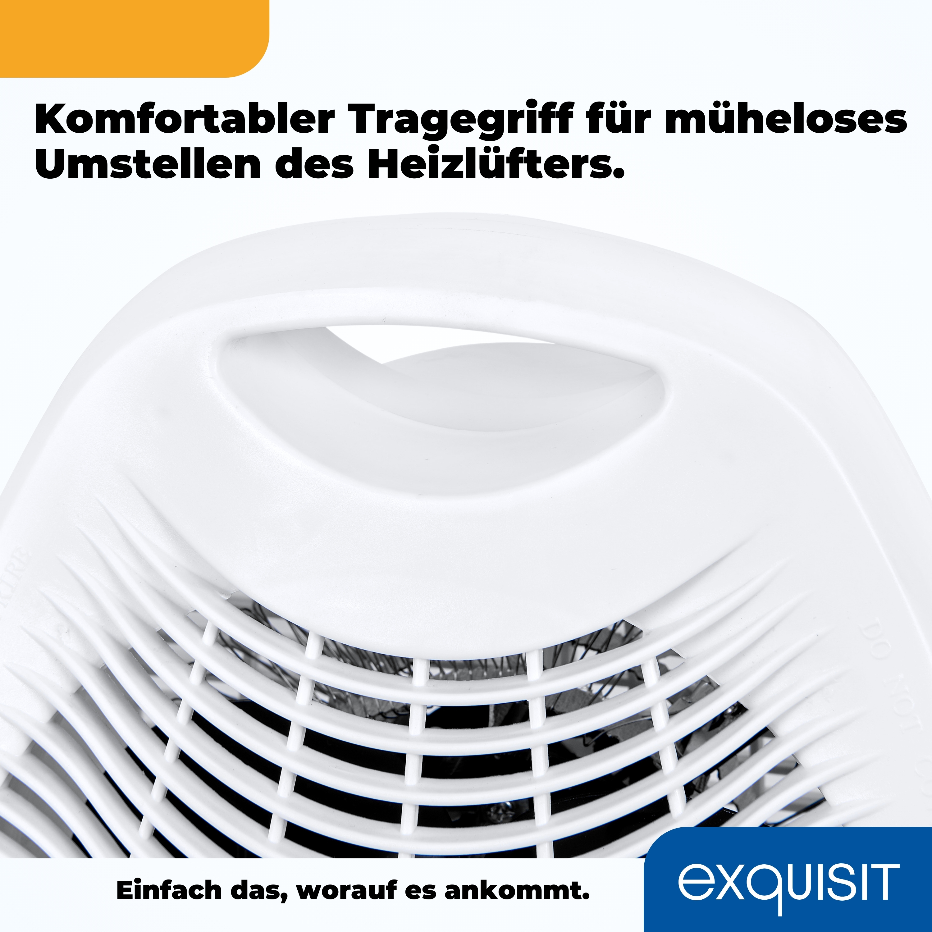 Nahaufnahme eines weißen Heizlüftergriffs. Der Griff ist gebogen und leicht zu greifen.