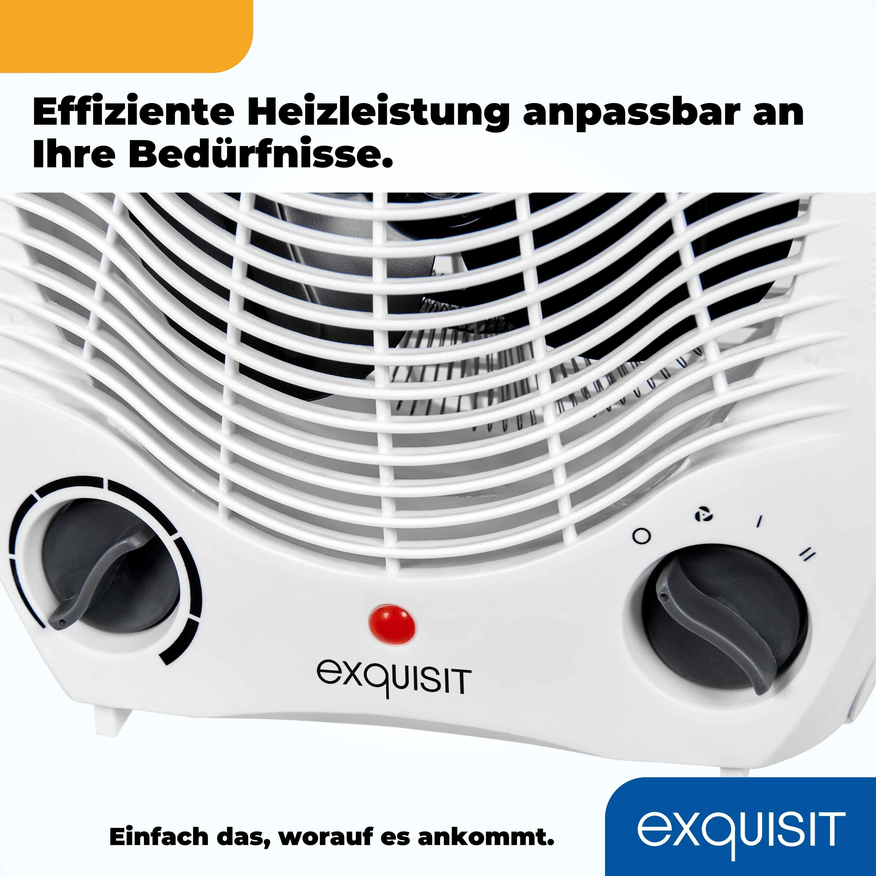 Weißer Elektroheizer mit schwarzen Knöpfen und dem Exquisit-Logo.