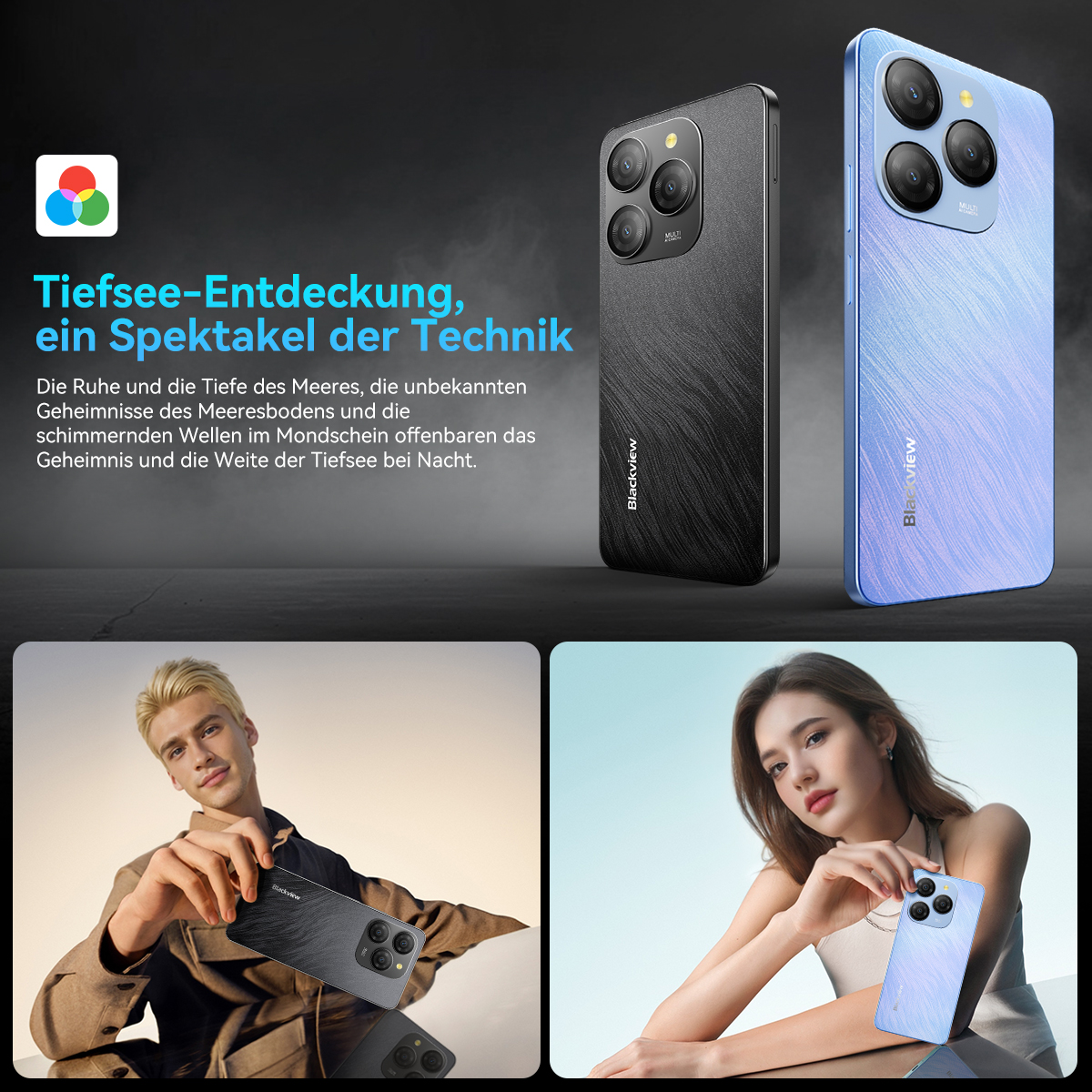 Das Bild zeigt zwei Telefone, eines schwarz, eines blau. Zwei Personen halten Telefone. Der Text lautet: 'Tiefsee-Entdeckung, ein Spektakel der Technik'.