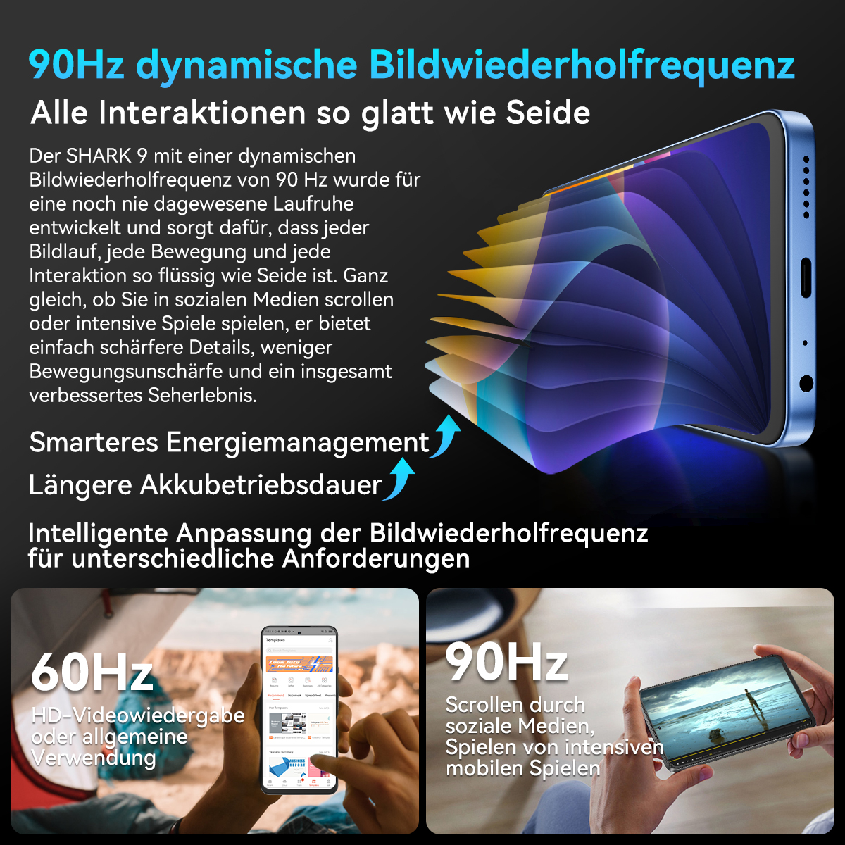 Bild zeigt Smartphone mit blauem Gehäuse. Text hebt 90Hz Bildwiederholfrequenz, flüssigere Interaktionen und Energieeffizienz hervor.