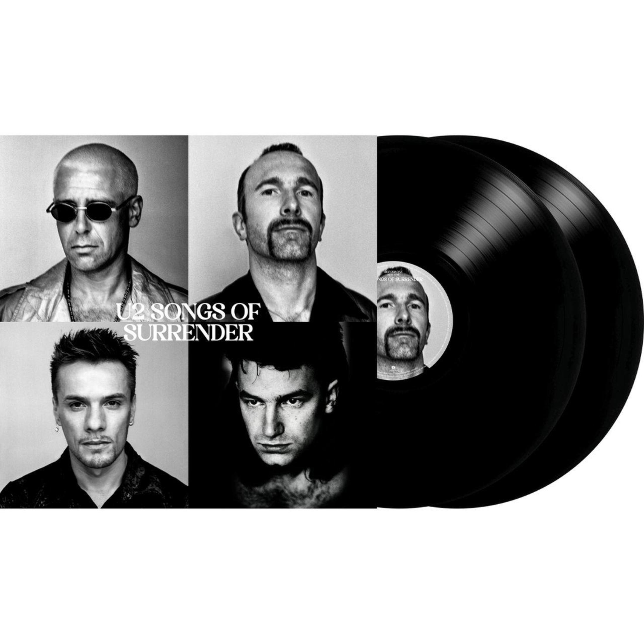 Zwart-wit foto van U2 leden en vinyl platen. Album getiteld 'Songs of Surrender'.