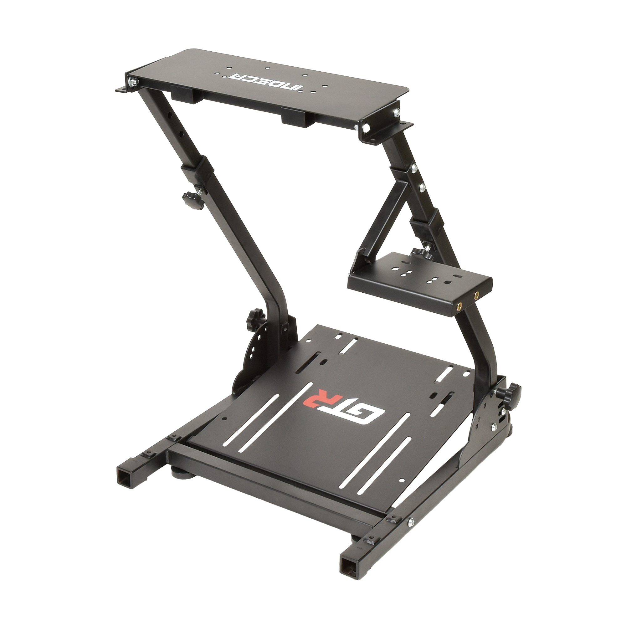 Soporte para simulador de carreras negro y plateado. Incluye soporte para volante, plataforma de asiento y monitor.