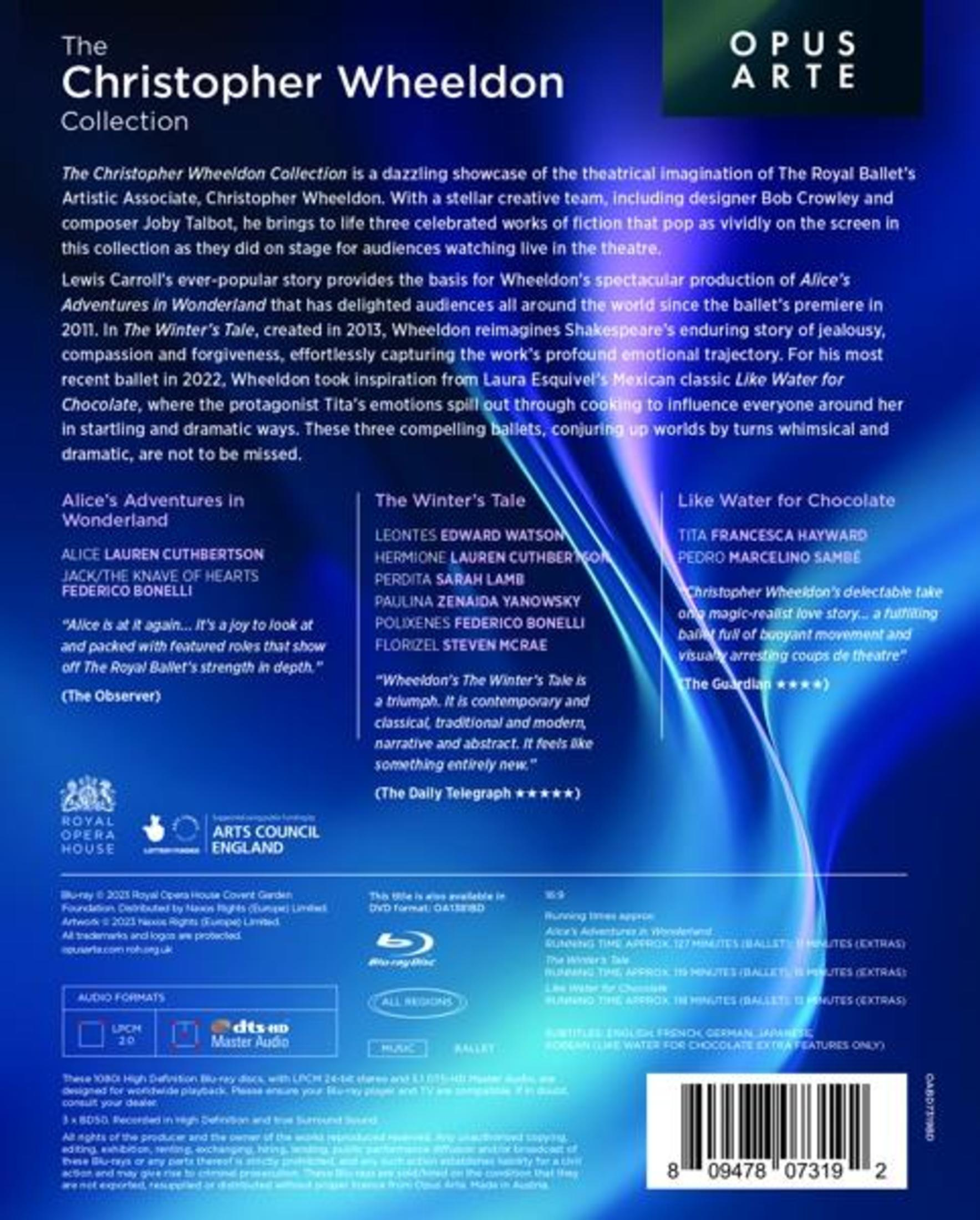 A book cover with text and a blue-ray disc case. The text is about a theatrical performance.