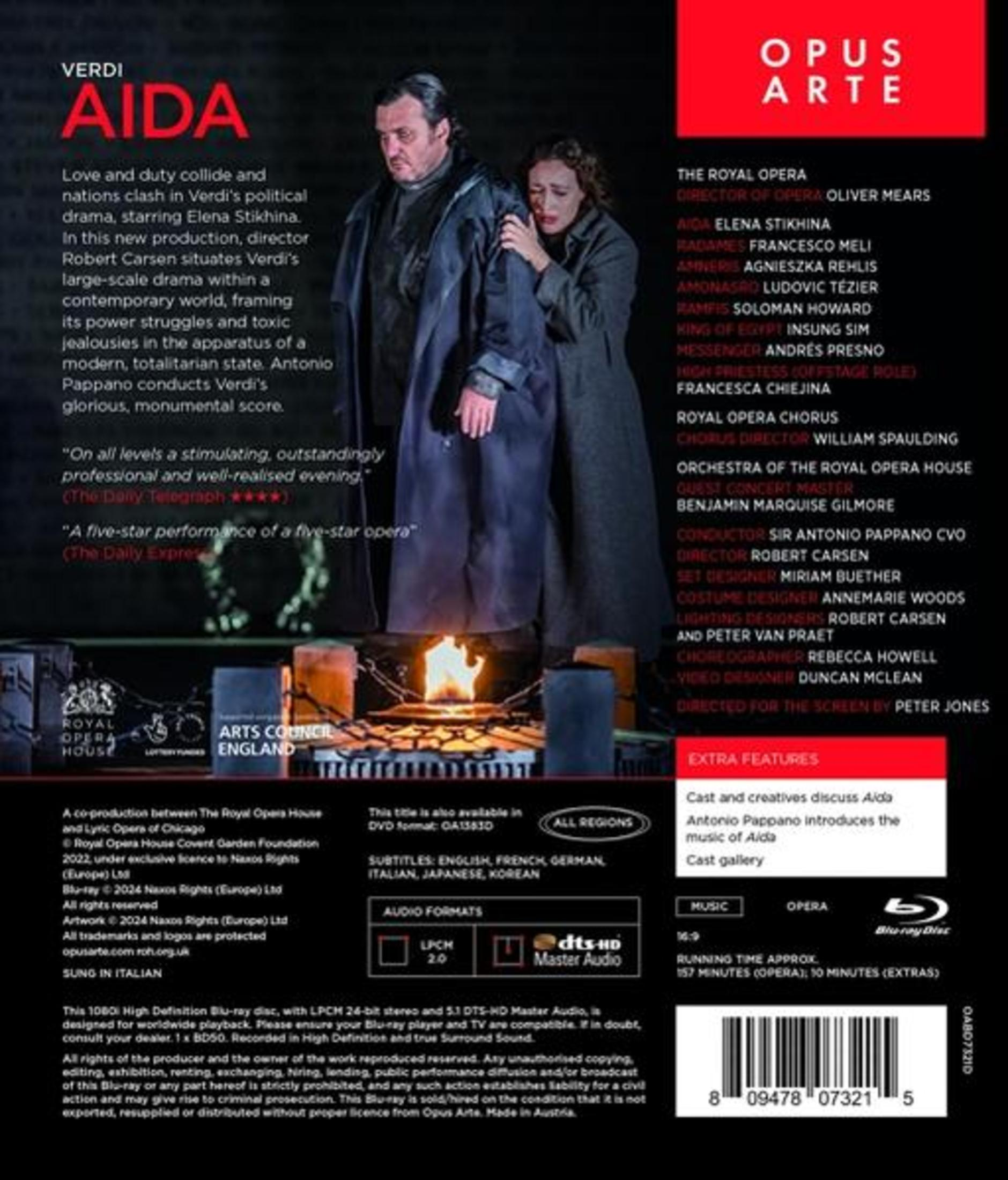 DVD cover for 'Aida'. A man and woman in a dramatic pose. Text and logos on a blue backdrop.