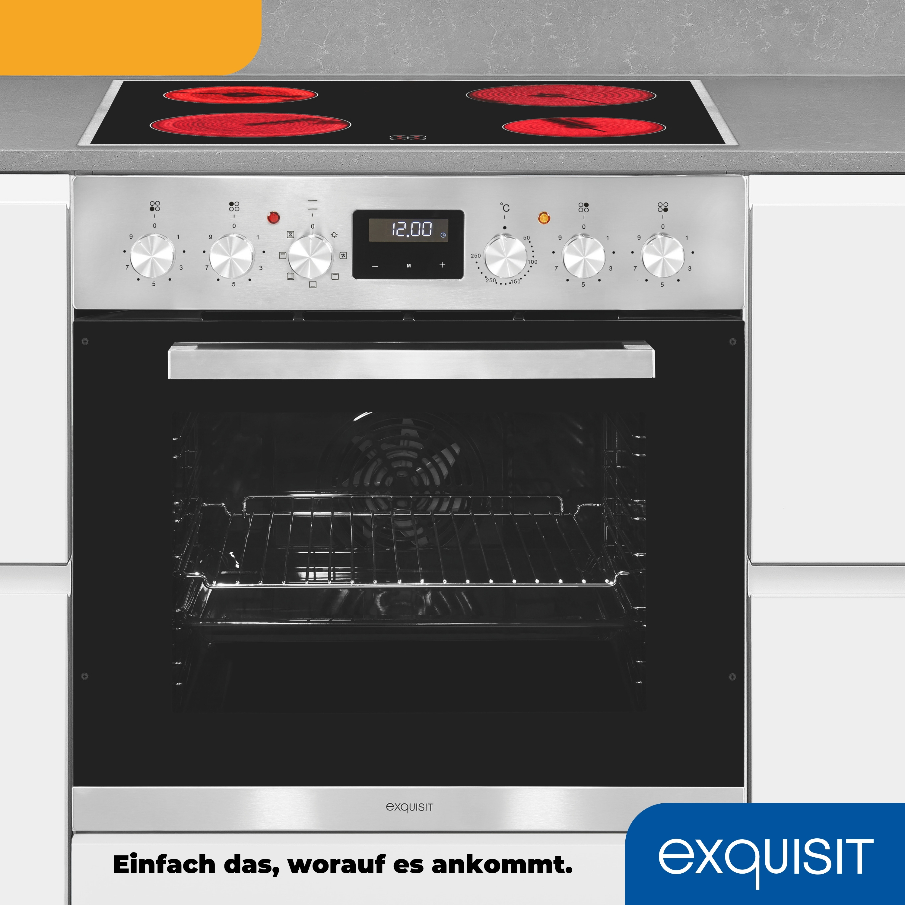 Ein Edelstahl-Backofen mit schwarzer Tür und Kochfeld. Das Kochfeld hat rote Heizelemente.