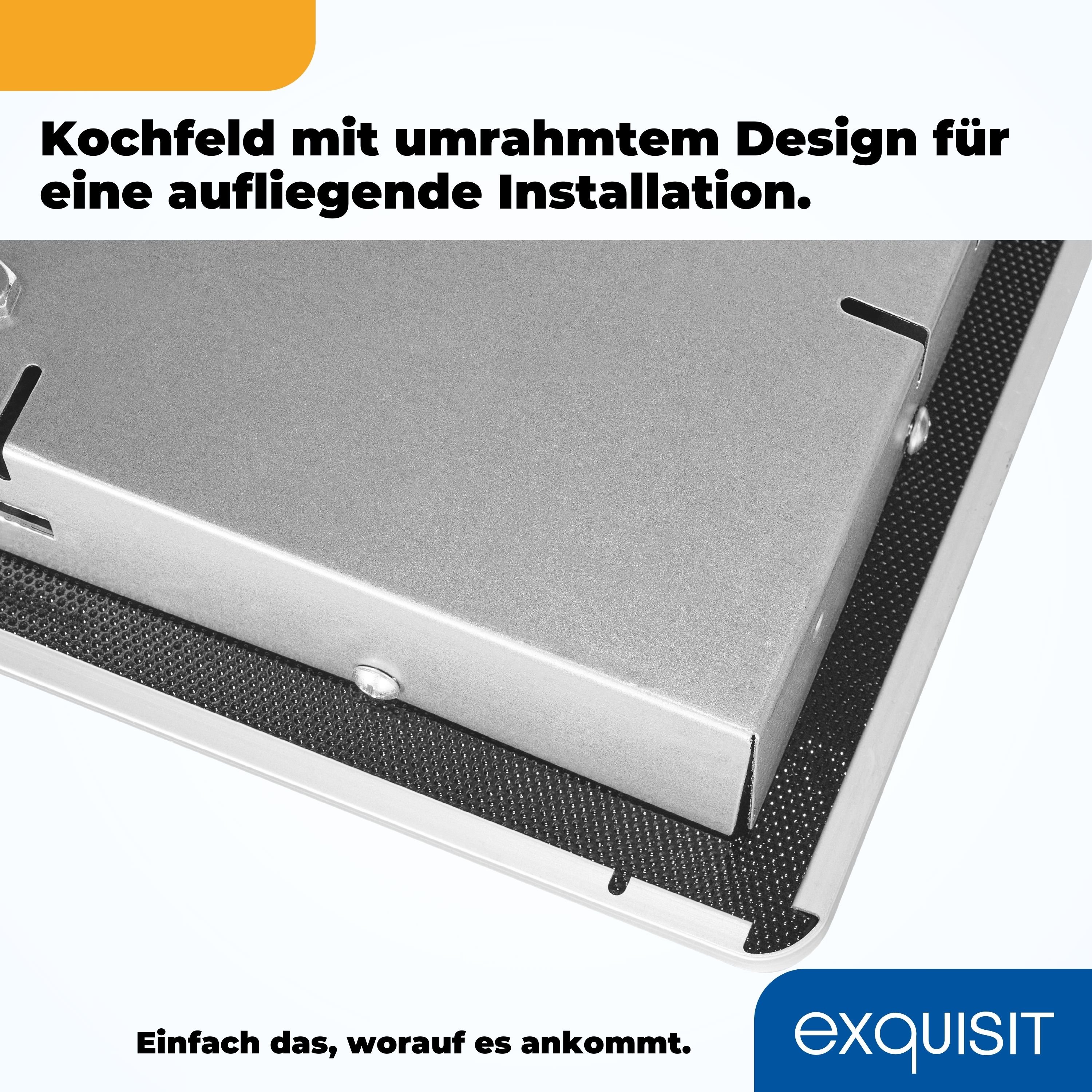 Nahaufnahme eines Edelstahl-Kochfelds mit schwarzem Mesh-Sockel, grauem Metallrand und dem Logo 'exquisit'.