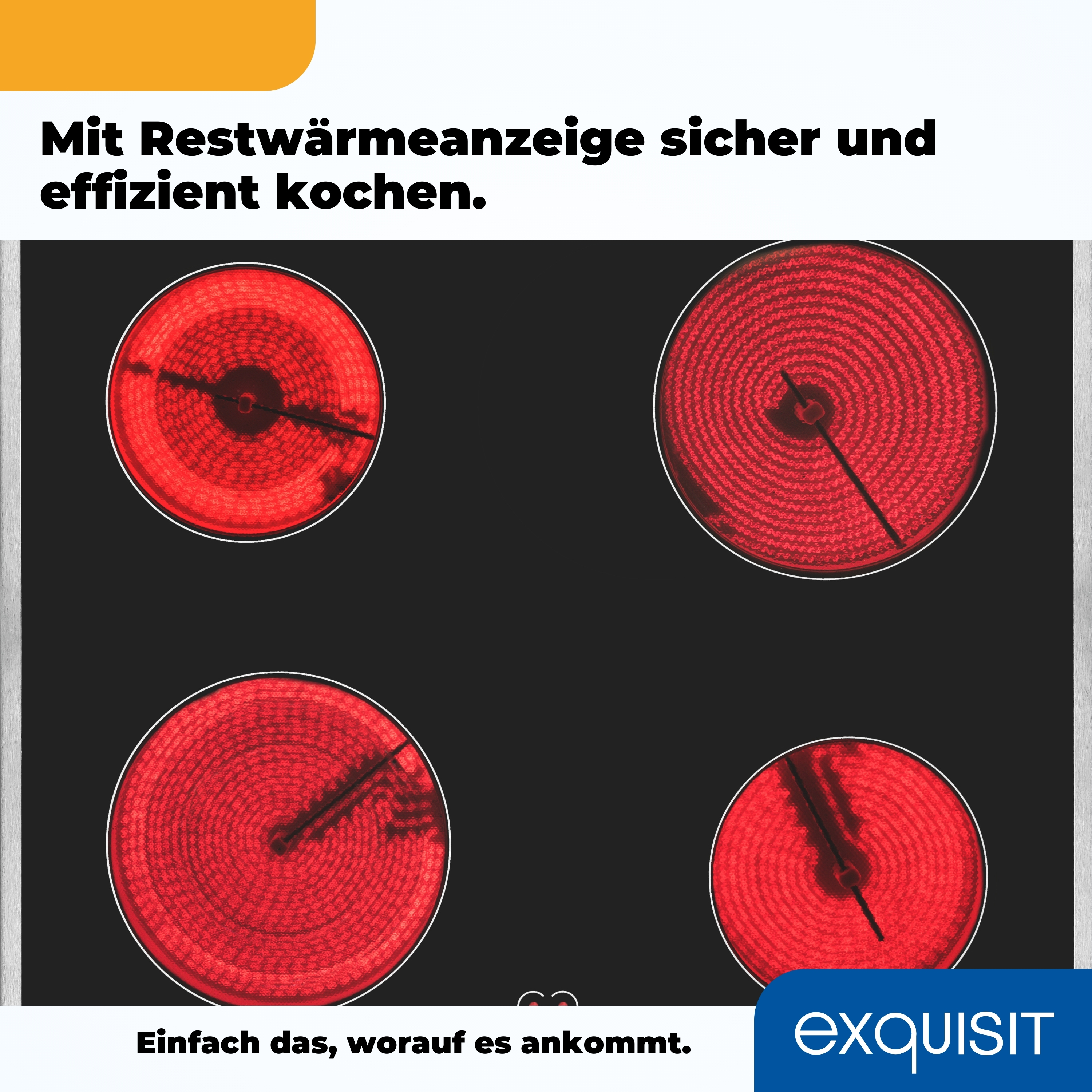 Ein schwarzes Kochfeld mit vier rot beleuchteten Heizelementen.