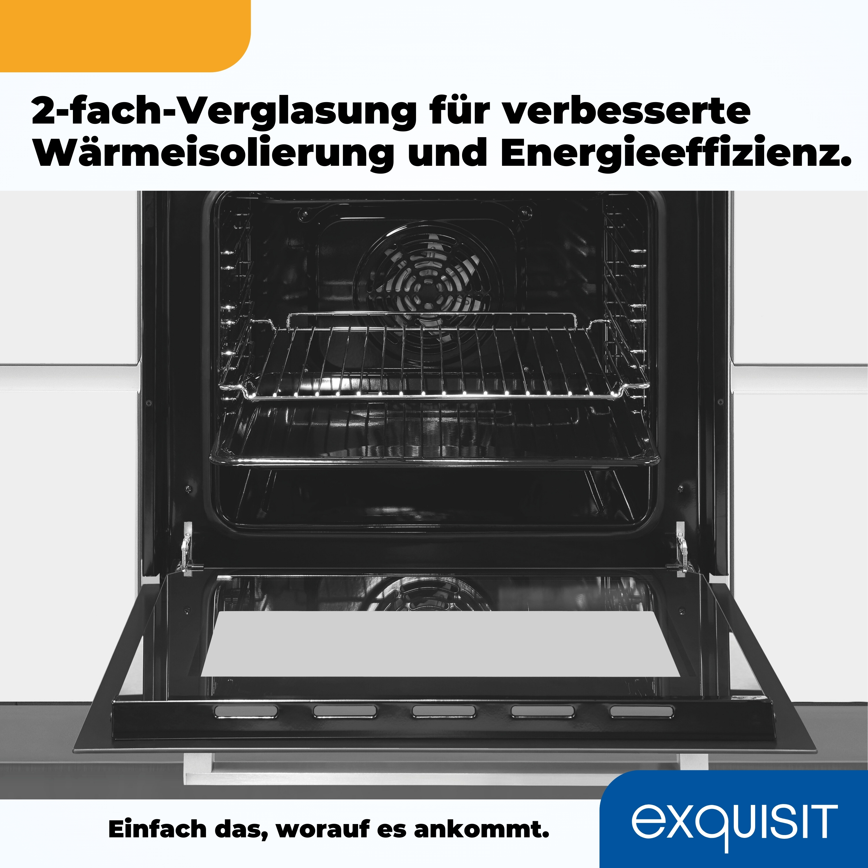 Ofen mit offener Tür. Text oben: 2-fach-Verglasung für verbesserte Wärmeisolierung und Energieeffizienz.
