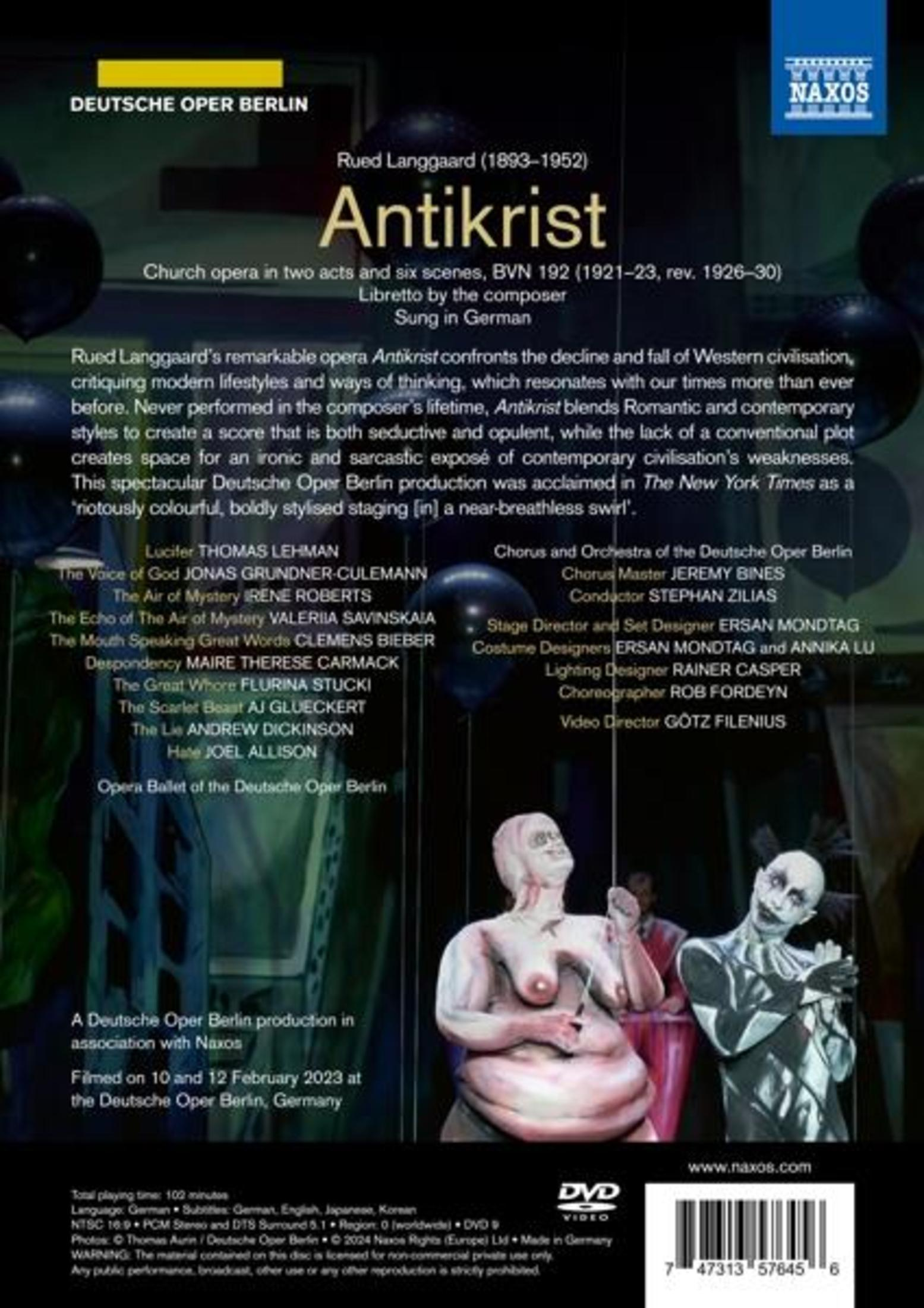 Portada de DVD con texto e imágenes de personas en el escenario. Incluye texto sobre la ópera y créditos.