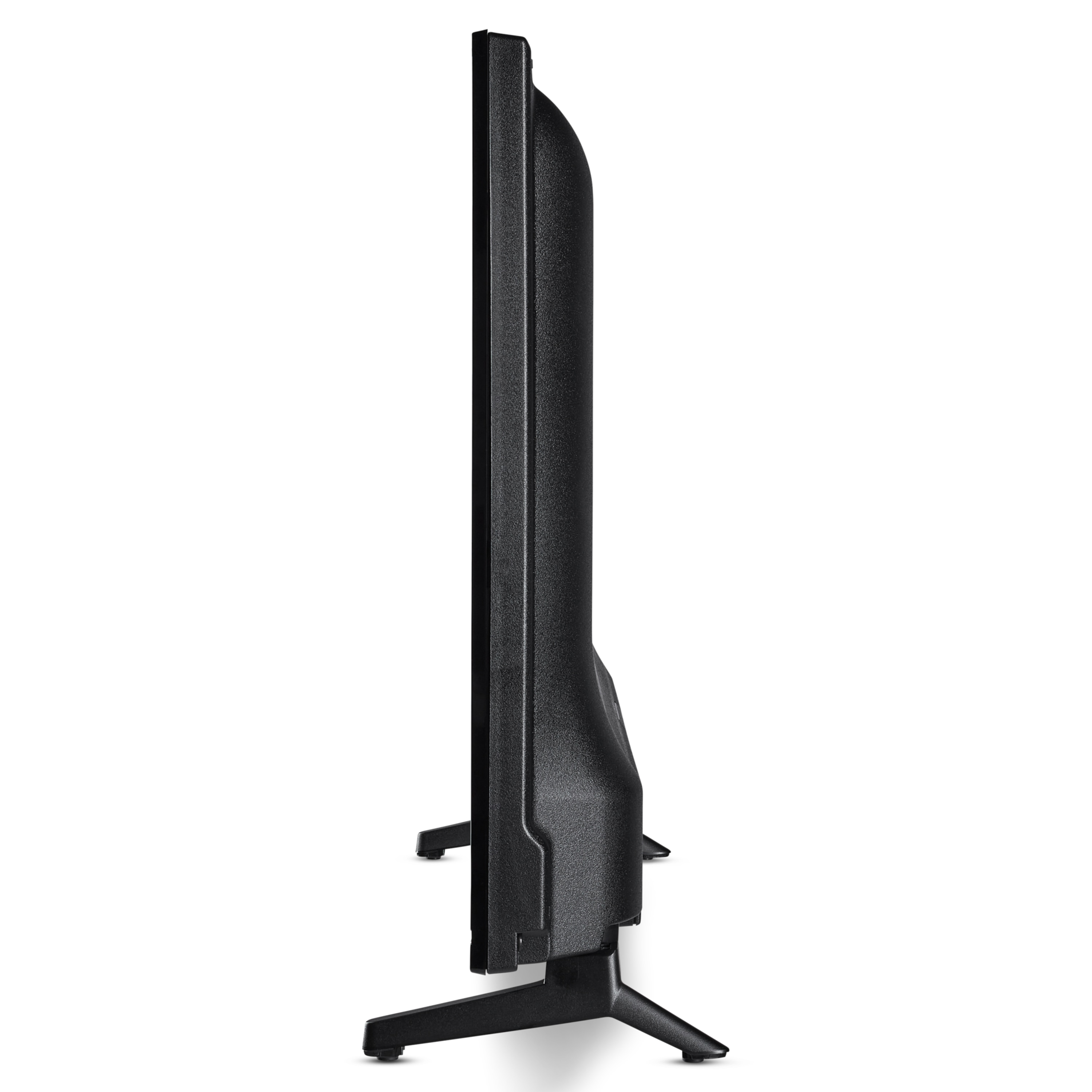 Zijaanzicht van een zwarte flatscreen-tv op een witte achtergrond met de standaard.