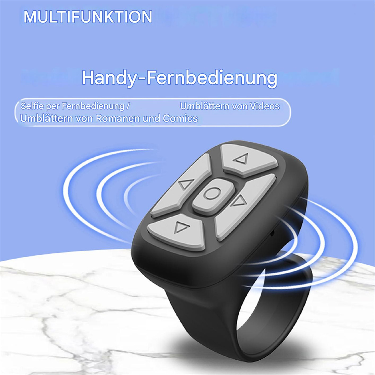 Schwarze ringförmige Fernbedienung. Hat Knöpfe zur Navigation und einen Ring zum Tragen.