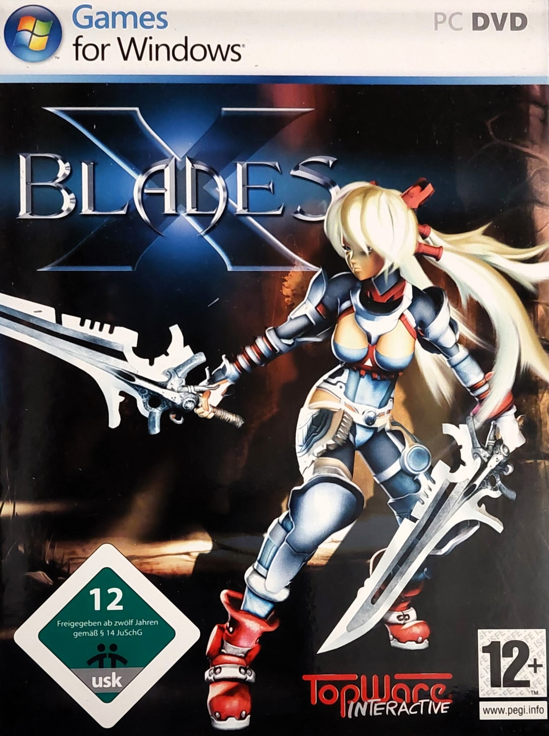 Ein PC-Spielcover mit einer Anime-Frau, die Schwerter hält. Das Spiel heißt 'Blades of X'.