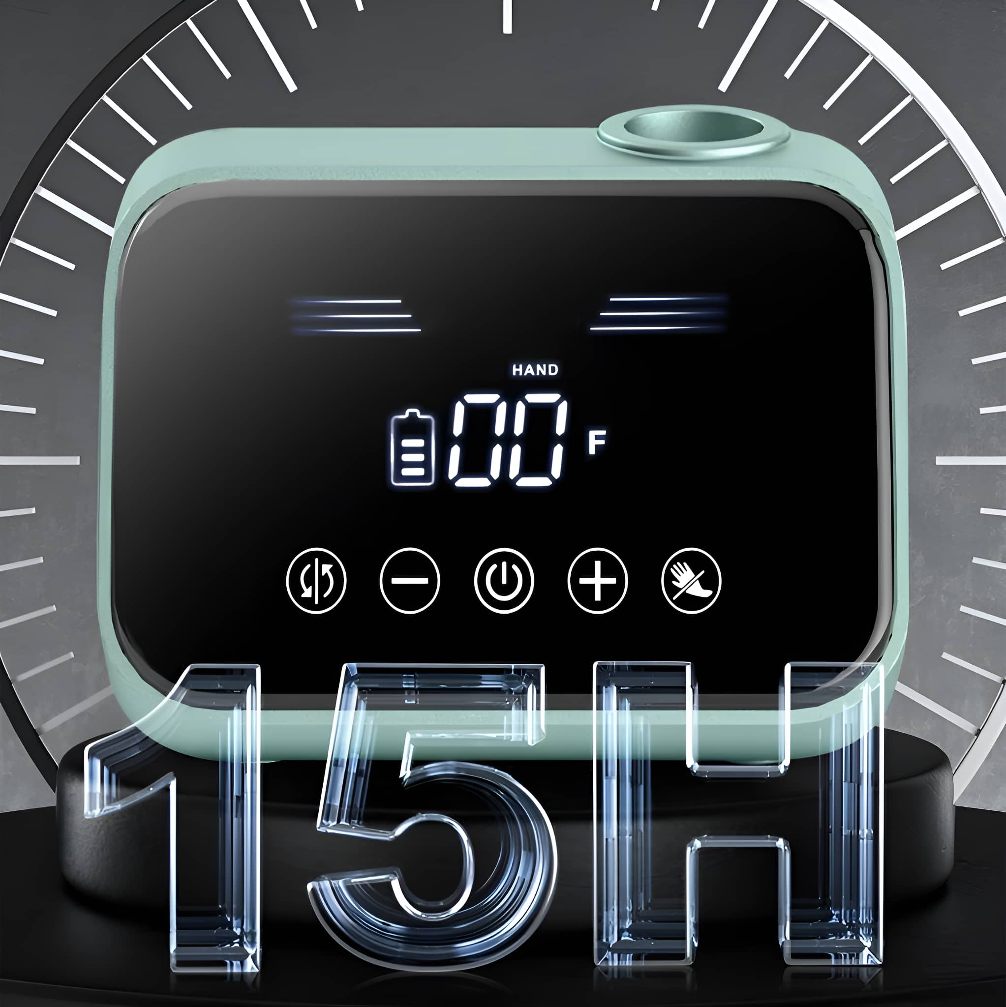 Eine digitale Brustpumpe mit einem Bildschirm, der Batterie, Zeit und Einstellungen anzeigt. Der Timer zeigt 15H an.
