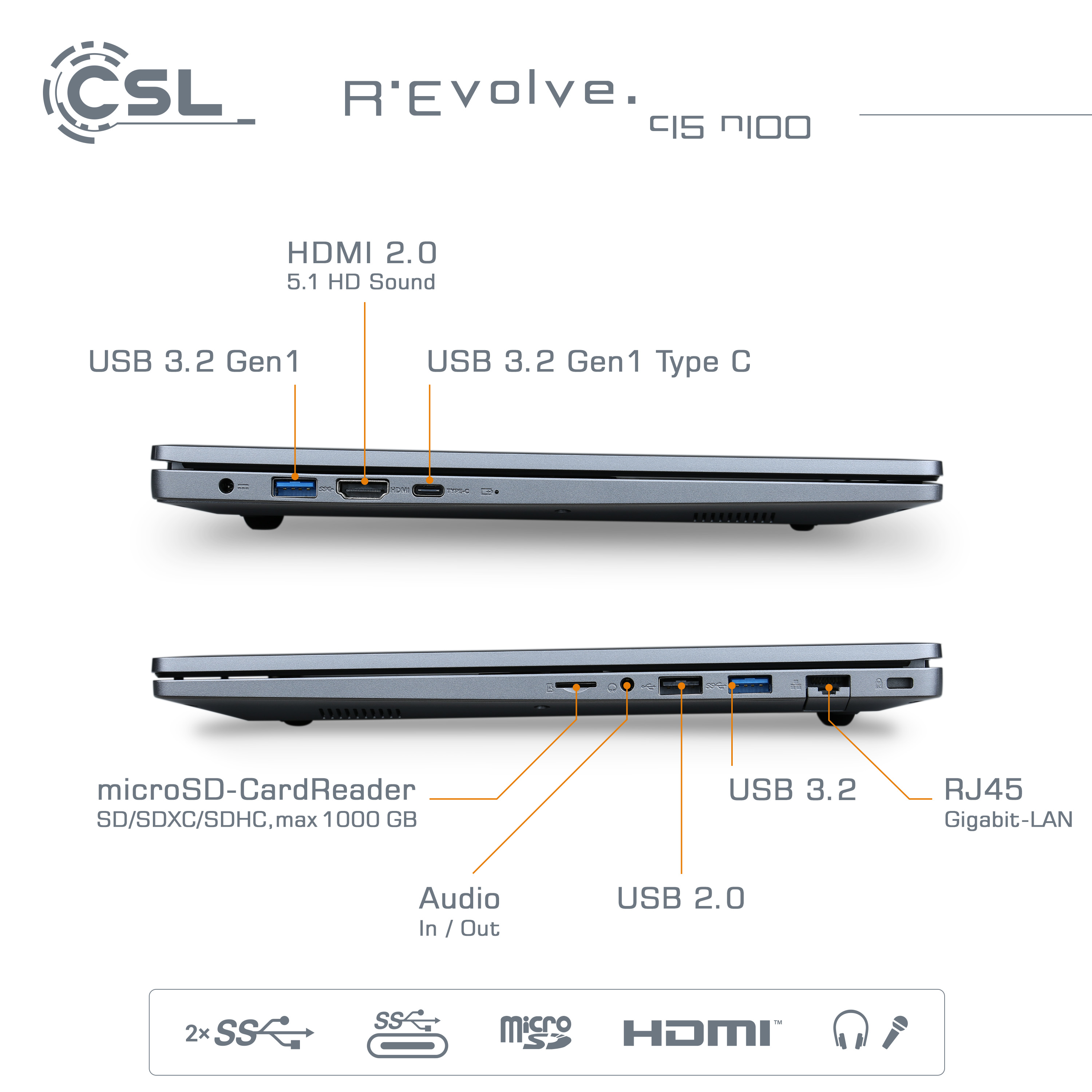 Laptop mit Anschlussdiagramm an der Seite, Schwarz-Silber-Design, weißer Hintergrund.