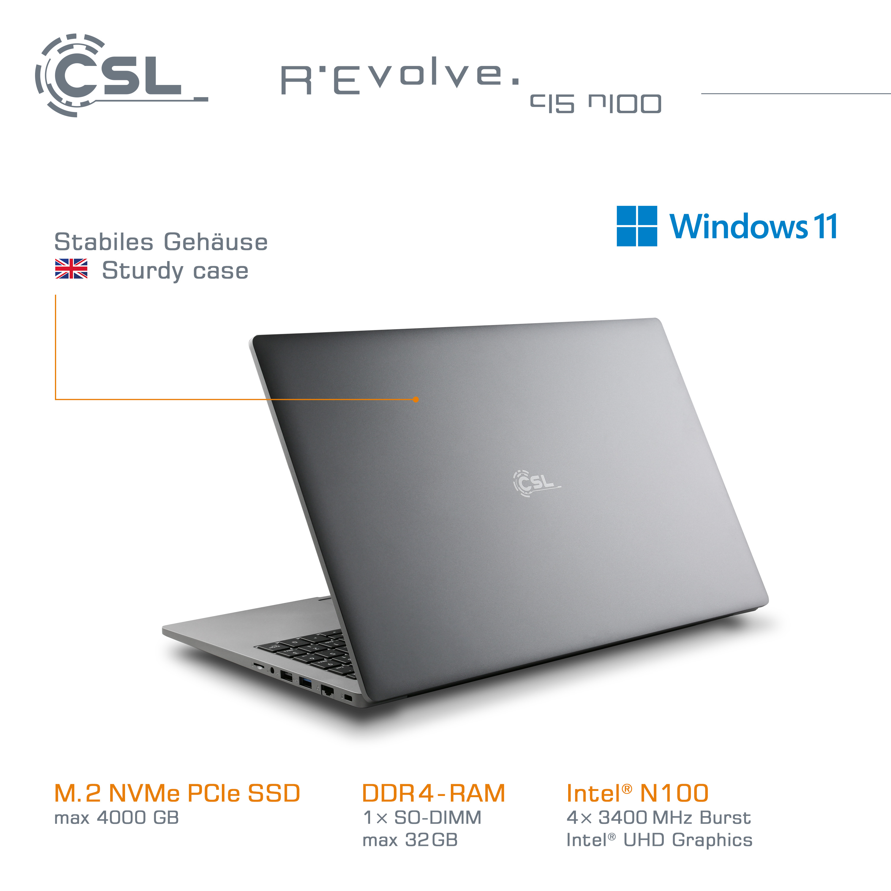 Laptop auf weißem Hintergrund mit Spezifikationen: SSD, RAM, Intel N100.