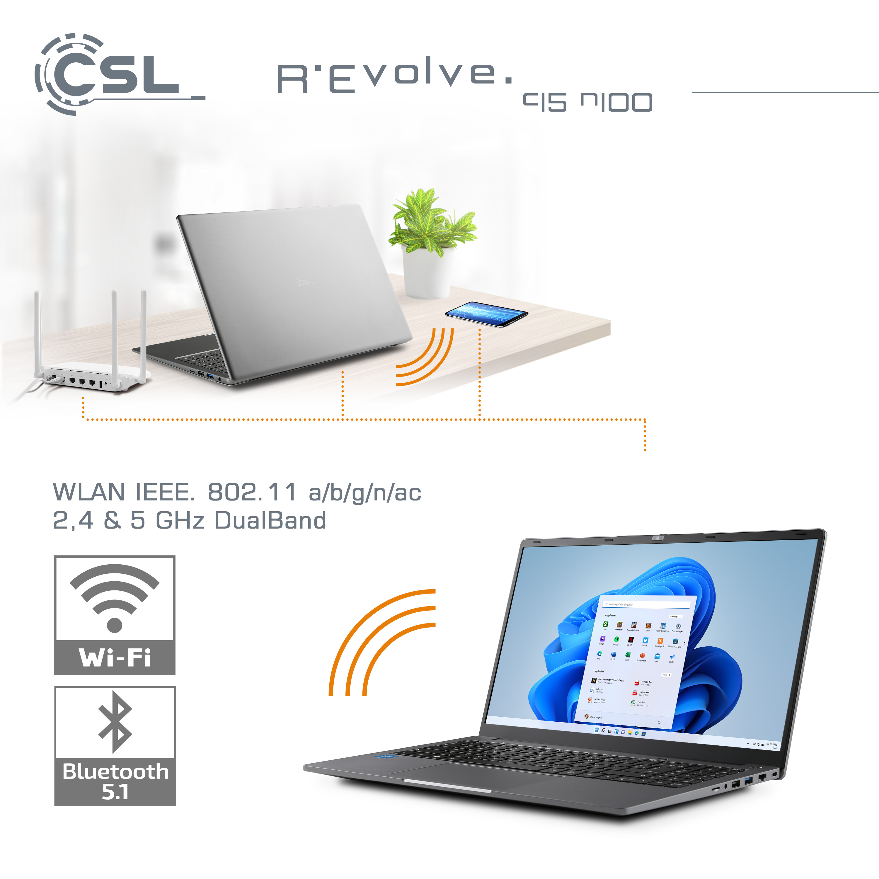 Ein Laptop und ein Router stehen auf einem Schreibtisch. WLAN- und Bluetooth-Symbole werden angezeigt.
