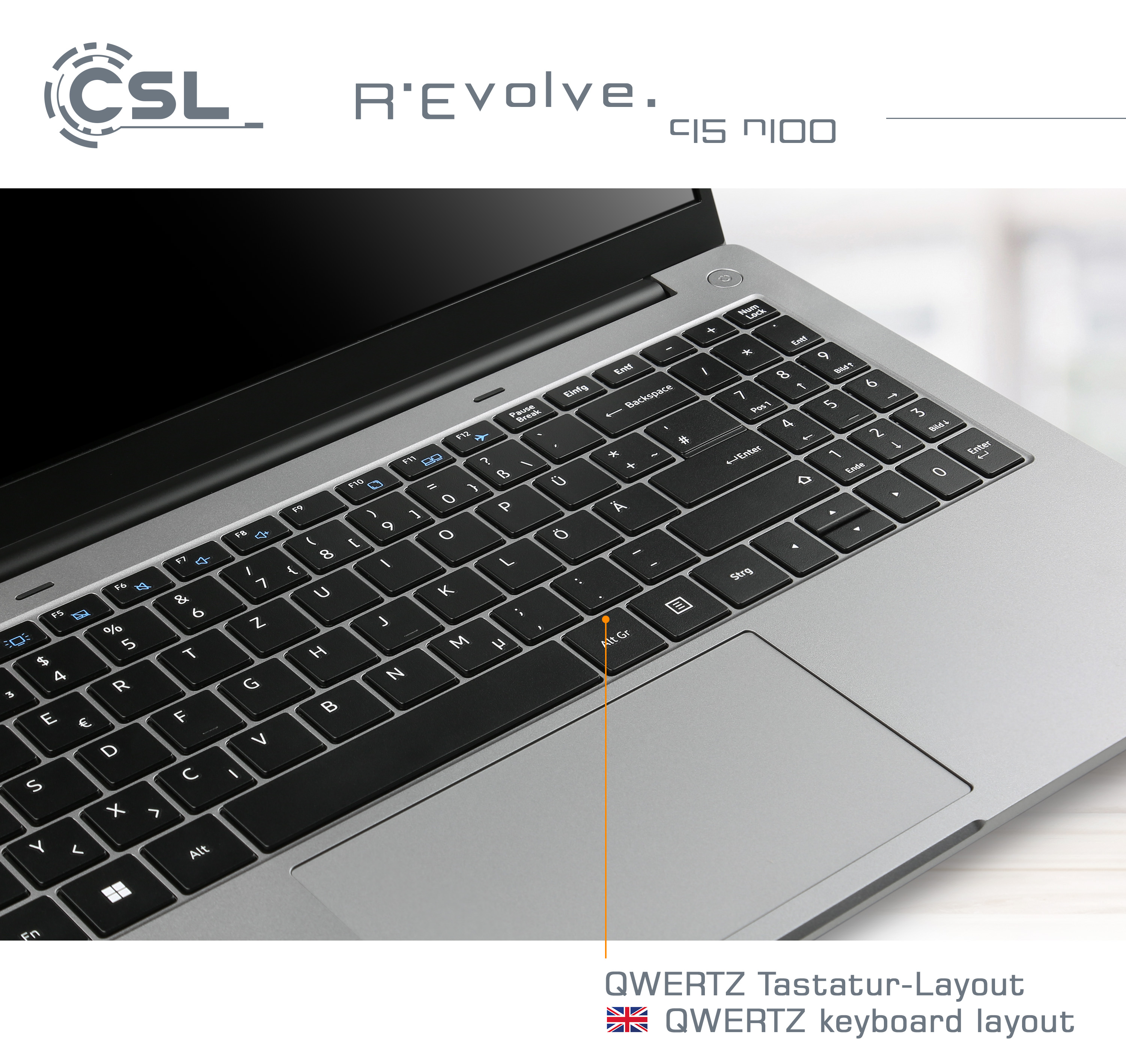 Ein Laptop mit Tastatur und QWERTZ-Tastaturlayout.