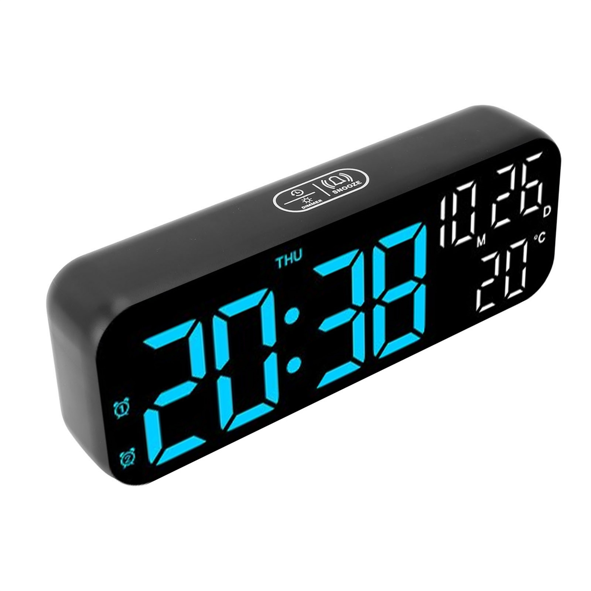 Schwarzer digitaler Wecker mit Anzeige von Zeit, Datum und Temperatur. Die Anzeige ist blau.