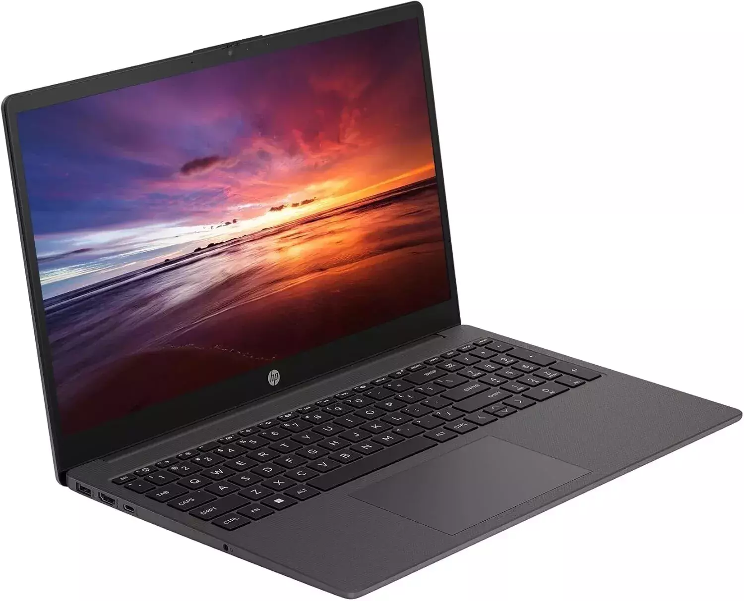 Ein Laptop mit dunkelgrauem Gehäuse ist geöffnet und zeigt eine farbenfrohe Sonnenuntergangsszene am Strand auf dem Bildschirm.