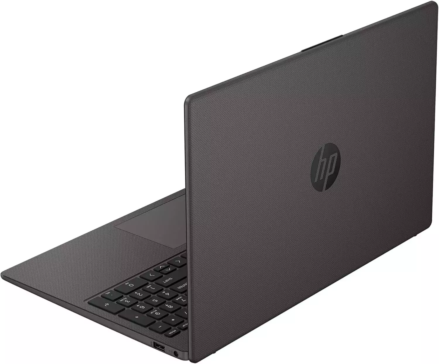 Dunkelgrauer Laptop von der Seite, schwarzes Logo auf der Rückseite.