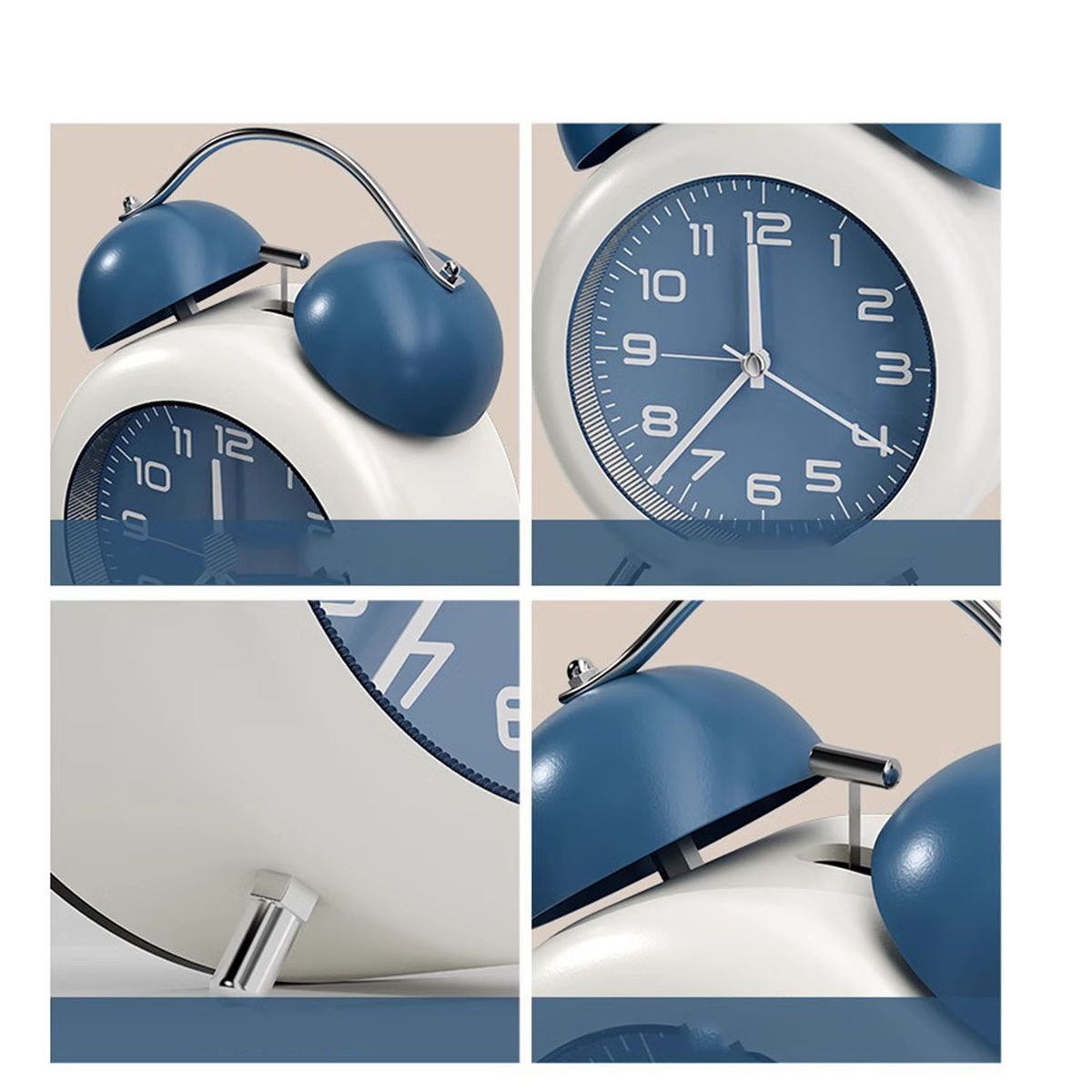 Nahaufnahmen eines Weckers. Details umfassen Ziffernblatt, Glocken und Sockel der Uhr.
