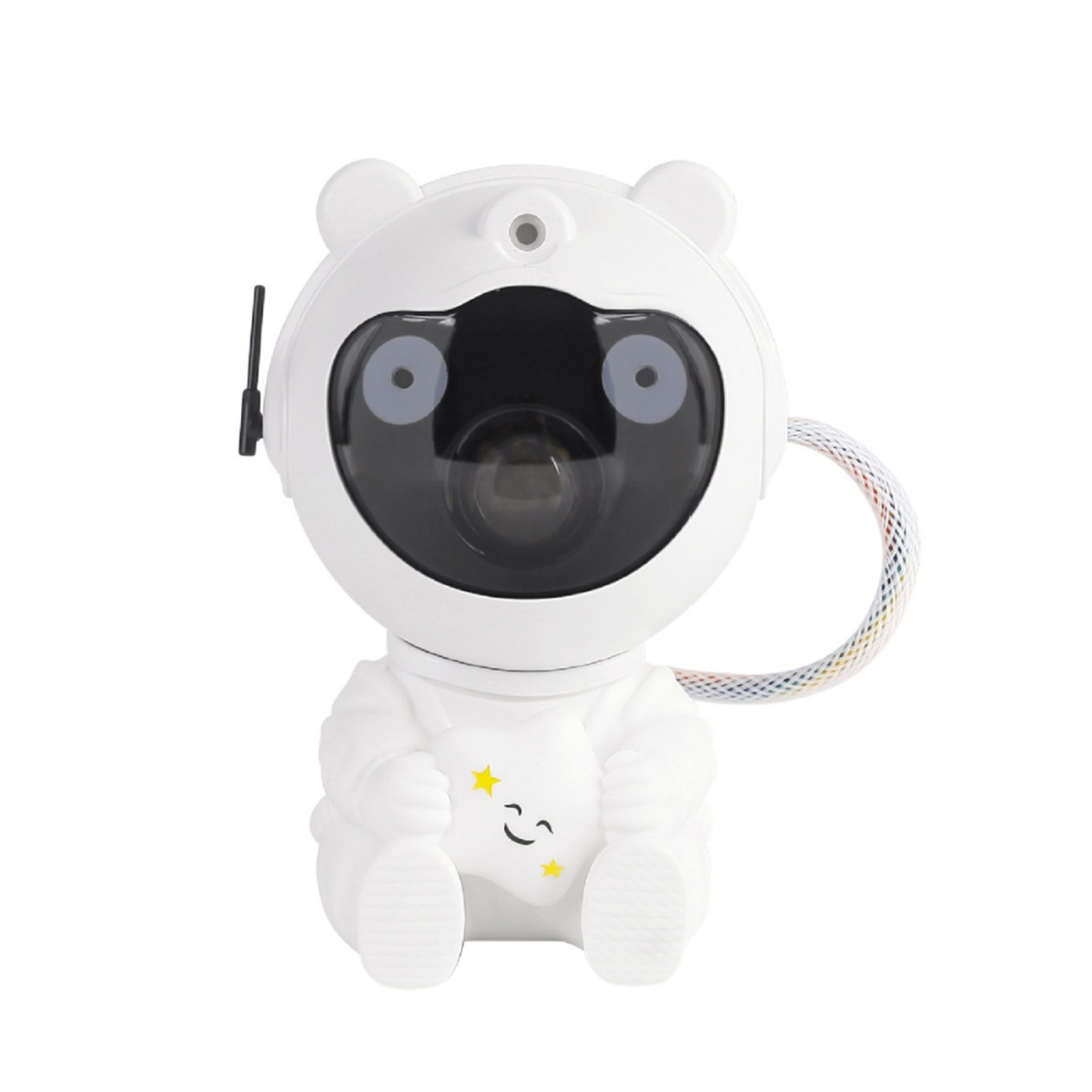 Ein weißes, astronautenförmiges Nachtlicht. Es hat ein Visier, Antennen und ein buntes Kabel.