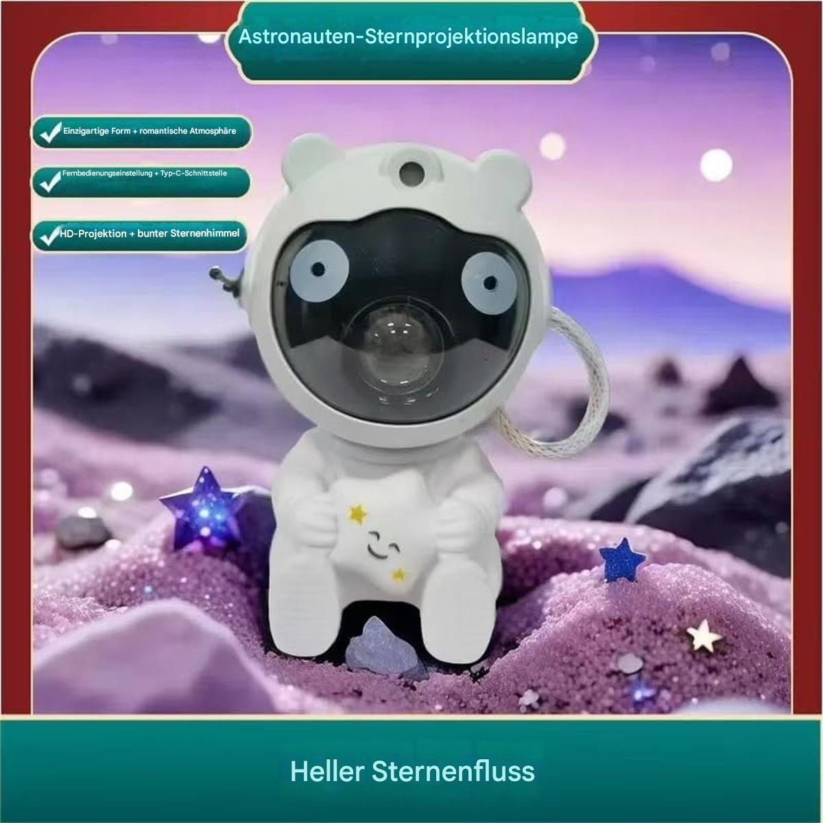 Astronauten-Sternprojektionslampe. Sie ist weiß und hält einen Stern. Es gibt Sterne auf dem Boden.