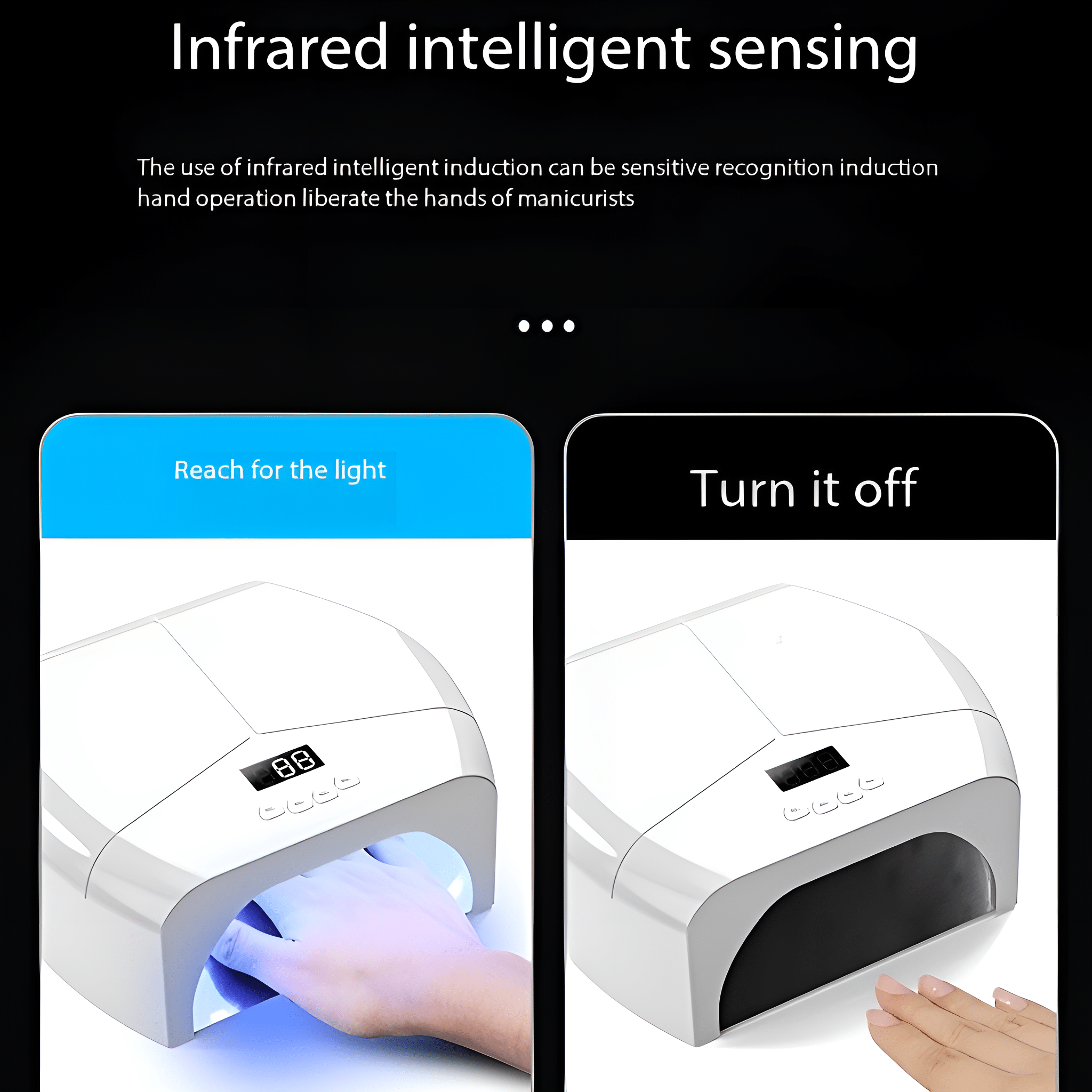 Zwei weiße Nageltrockner mit Hand. Text: Infrarot-intelligente Sensorik. Nach dem Licht greifen, es ausschalten.