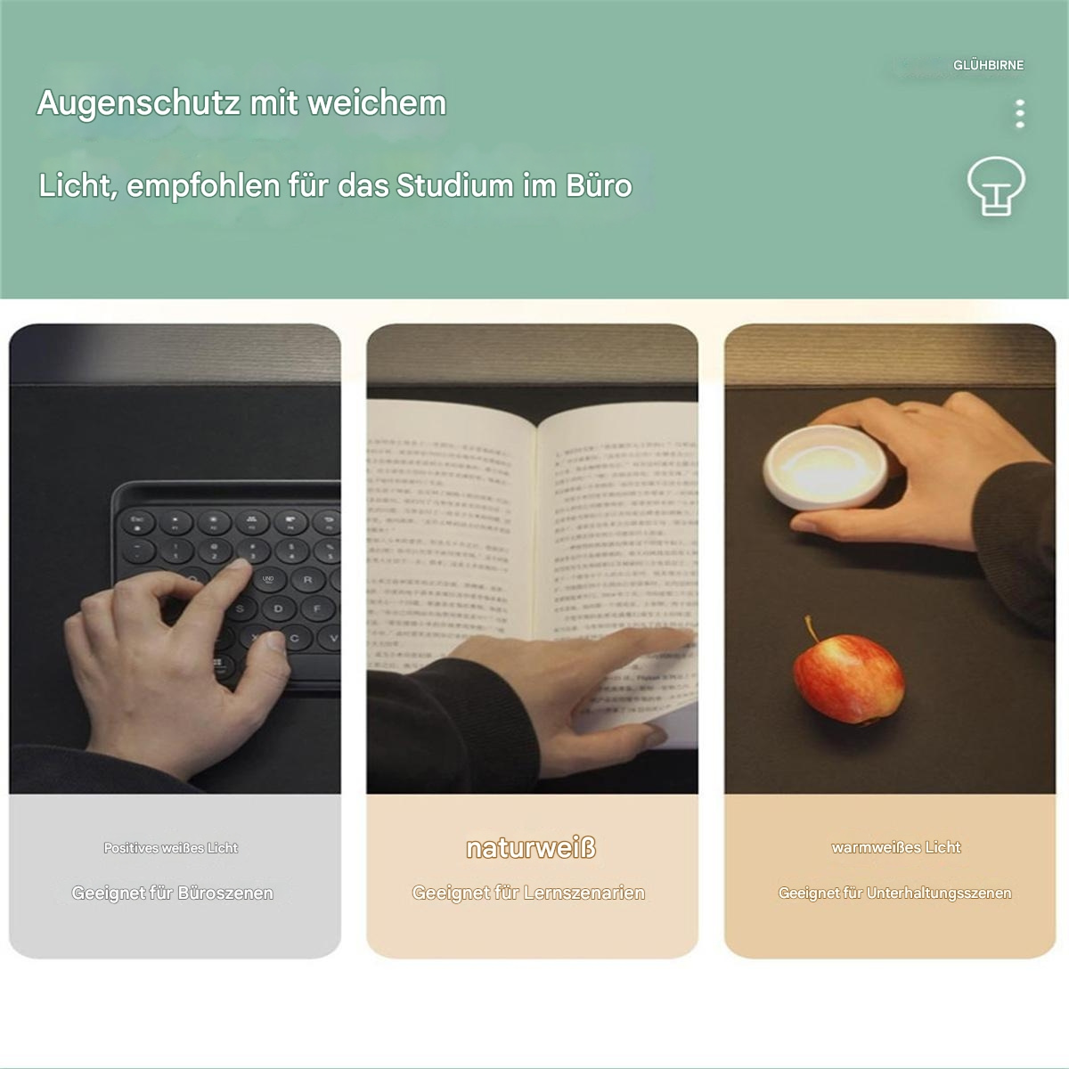 Hände, die Tastatur benutzen, ein Buch lesen und ein Apfel. Drei Bilder, Licht und Text.