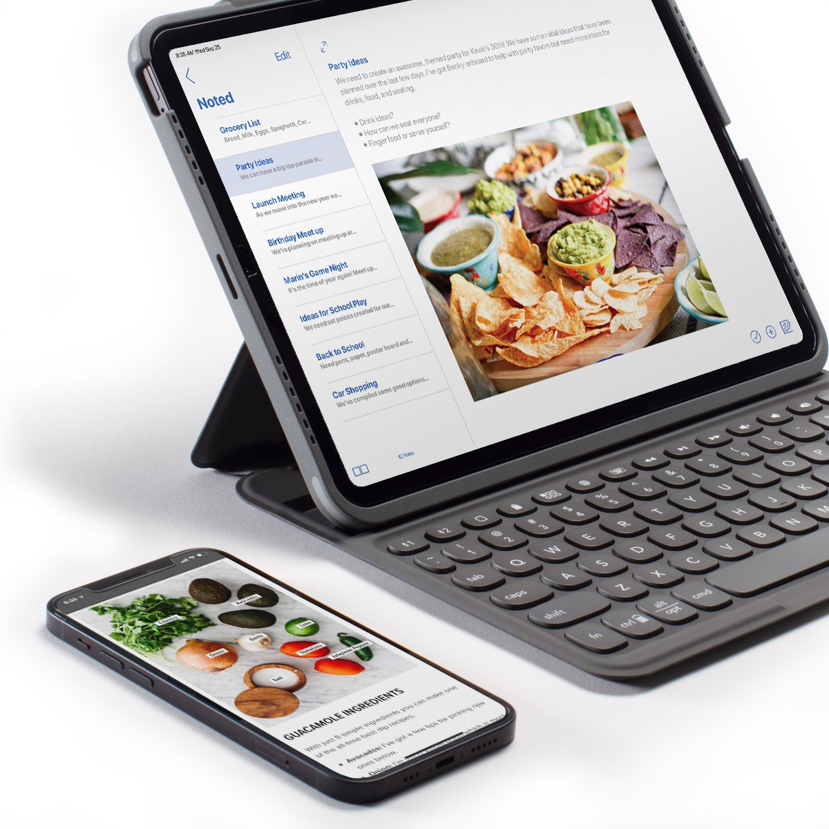 Tableta con teclado, mostrando un documento con notas. Un teléfono muestra ingredientes de guacamole.