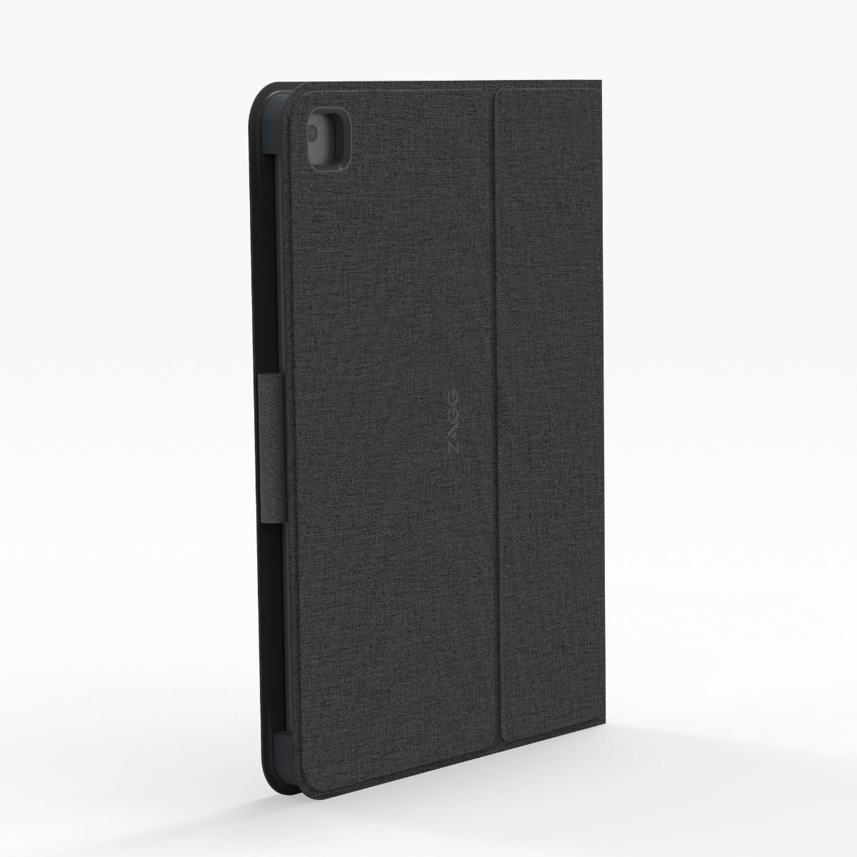 Funda para iPad ZAGG gris oscuro en posición cerrada, superficie texturizada, con cierre magnético.