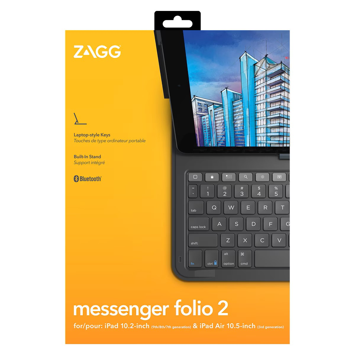 Una funda de teclado negro con una tableta dentro. La funda tiene teclas tipo portátil y un soporte.