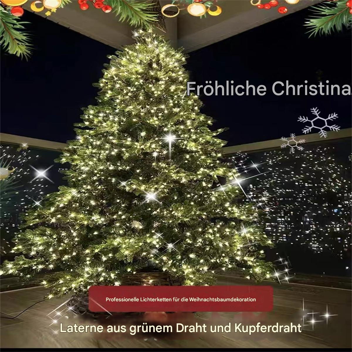 Ein Weihnachtsbaum mit Lichtern, beleuchtet mit Stadtlichtern im Hintergrund. Text: Frohe Weihnachten. Mit Kupferdraht dekoriert.